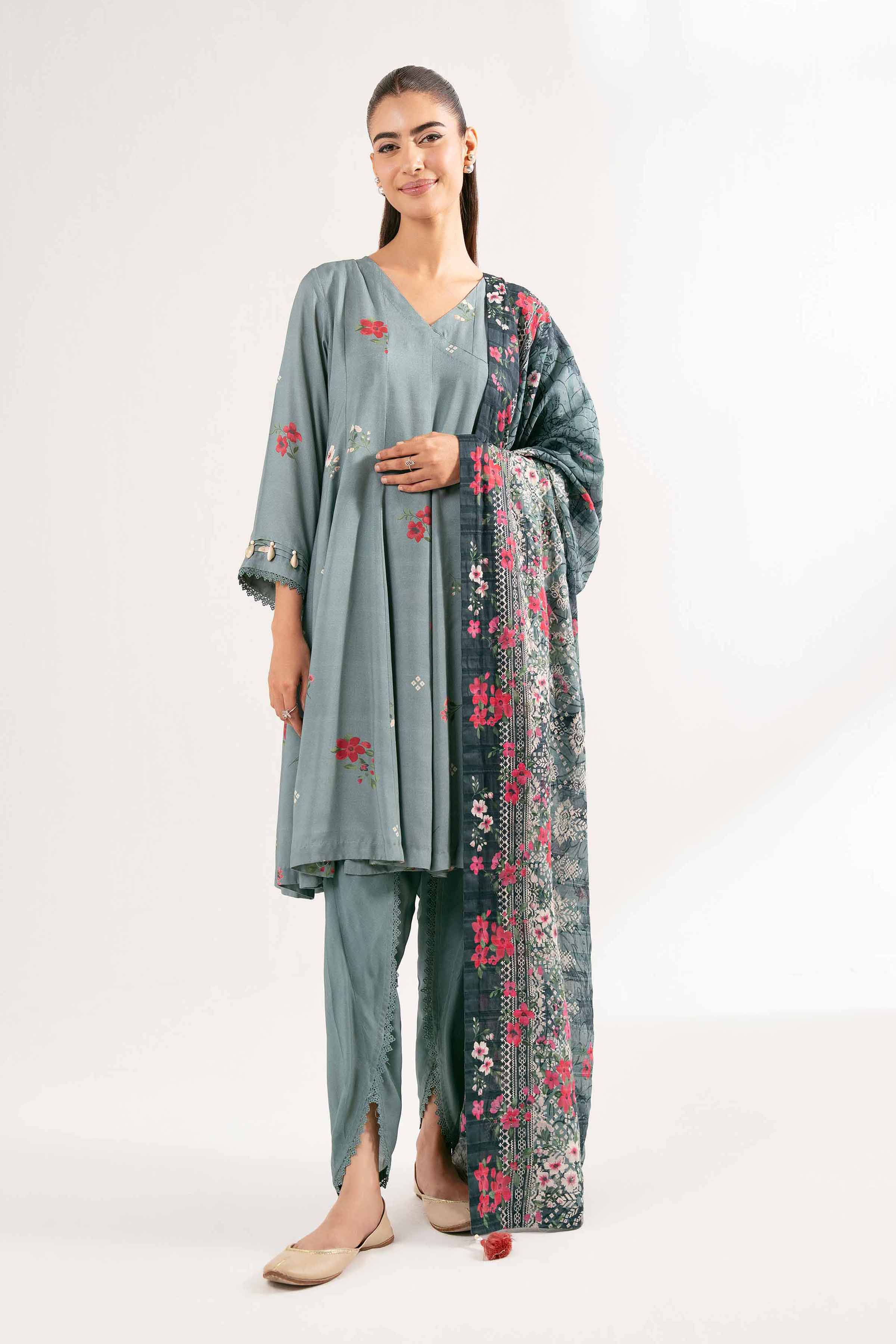 NISHATUAE - Teal Printed Lawn 3-piece Unstitched Suit