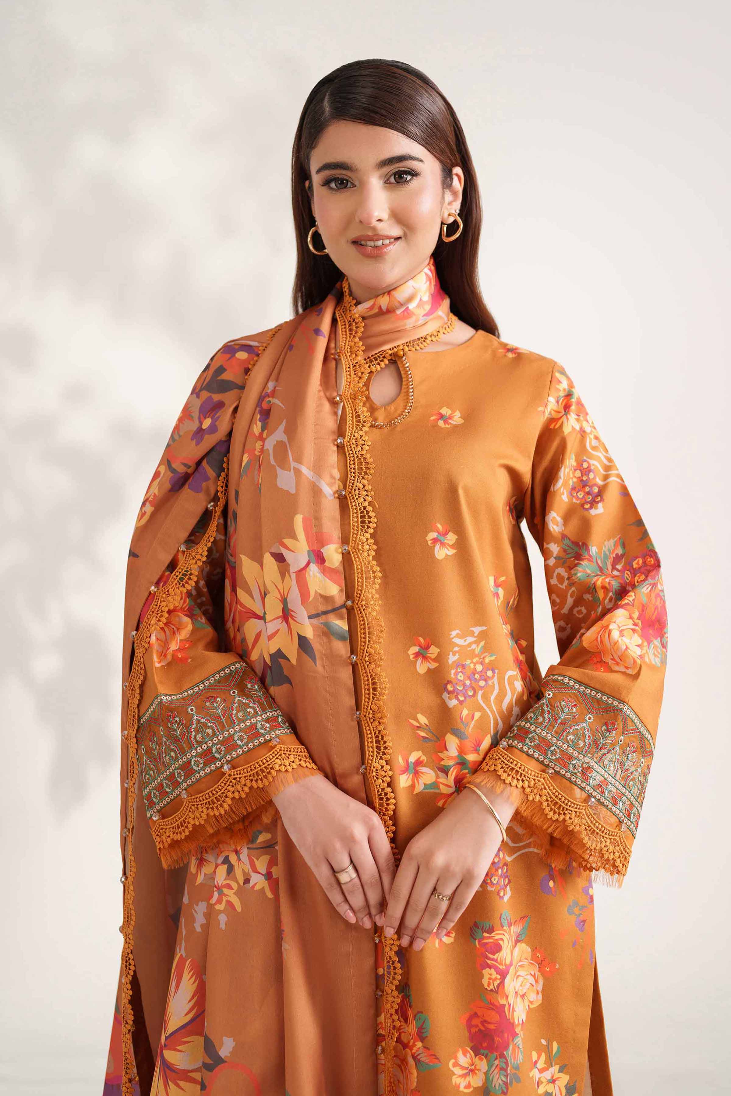 NISHATUAE - Brown Embroidered Cambric 3-piece Unstitched Suit