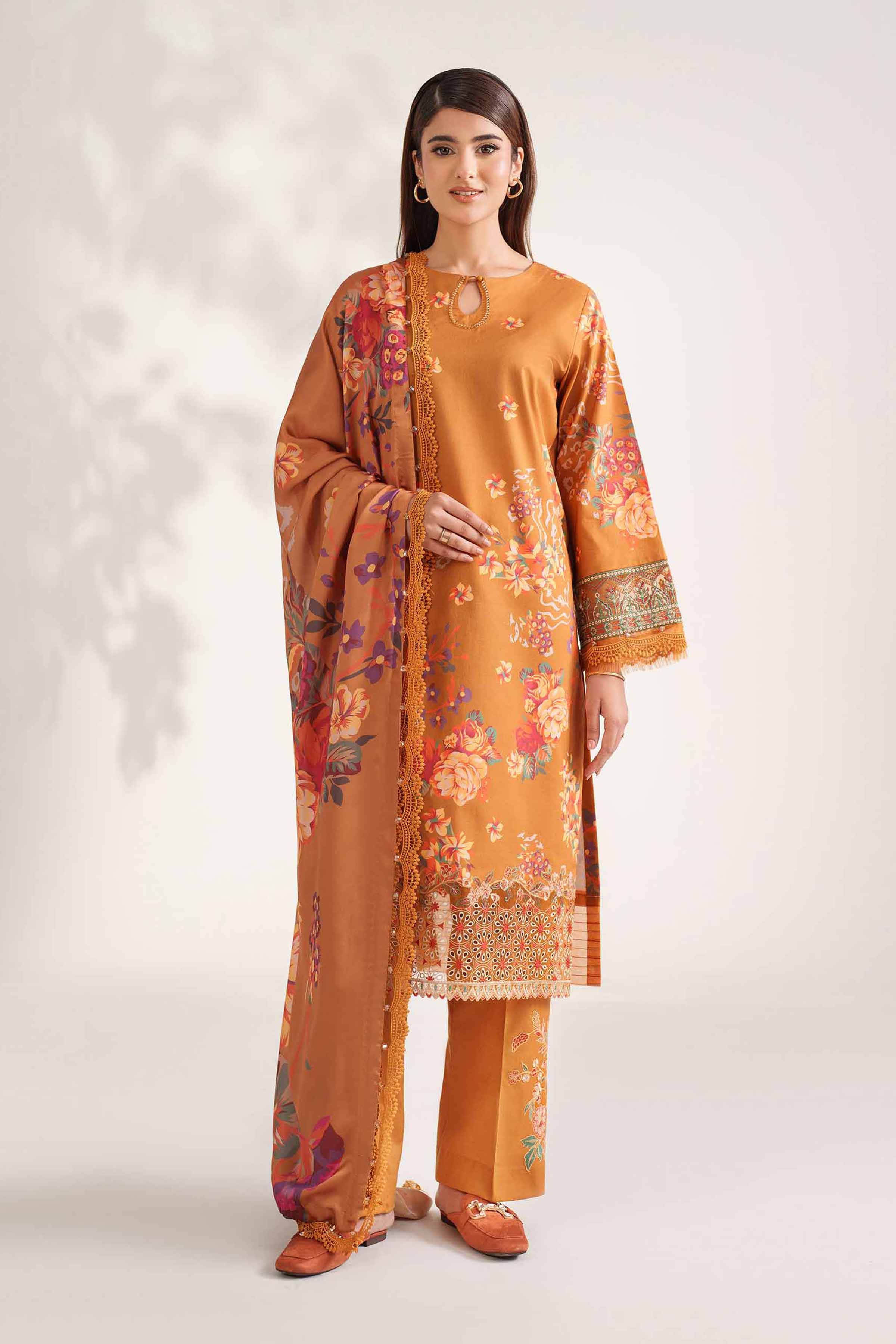 NISHATUAE - Brown Embroidered Cambric 3-piece Unstitched Suit