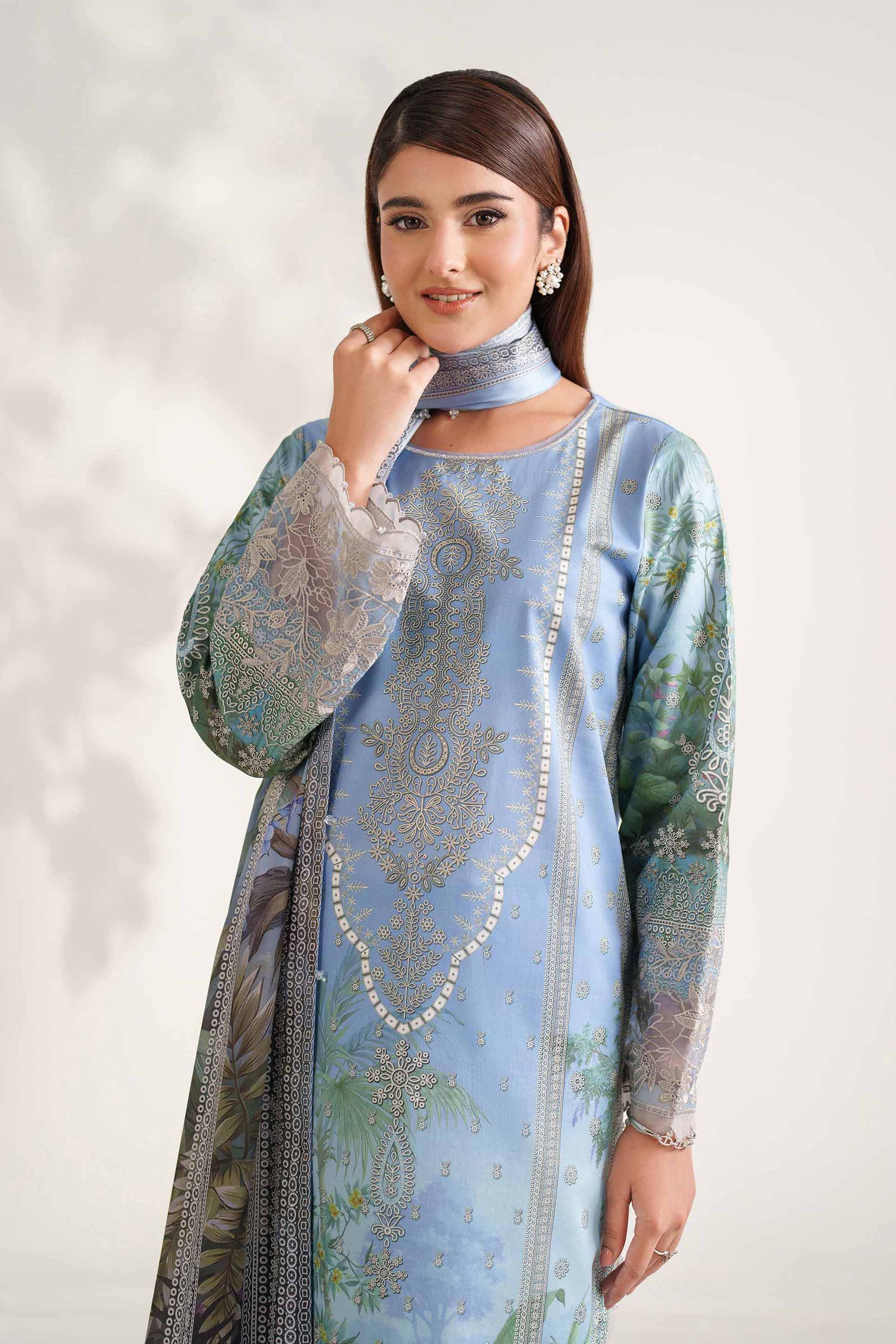 NISHATUAE - Blue Embroidered Cambric 3-piece Unstitched Suit
