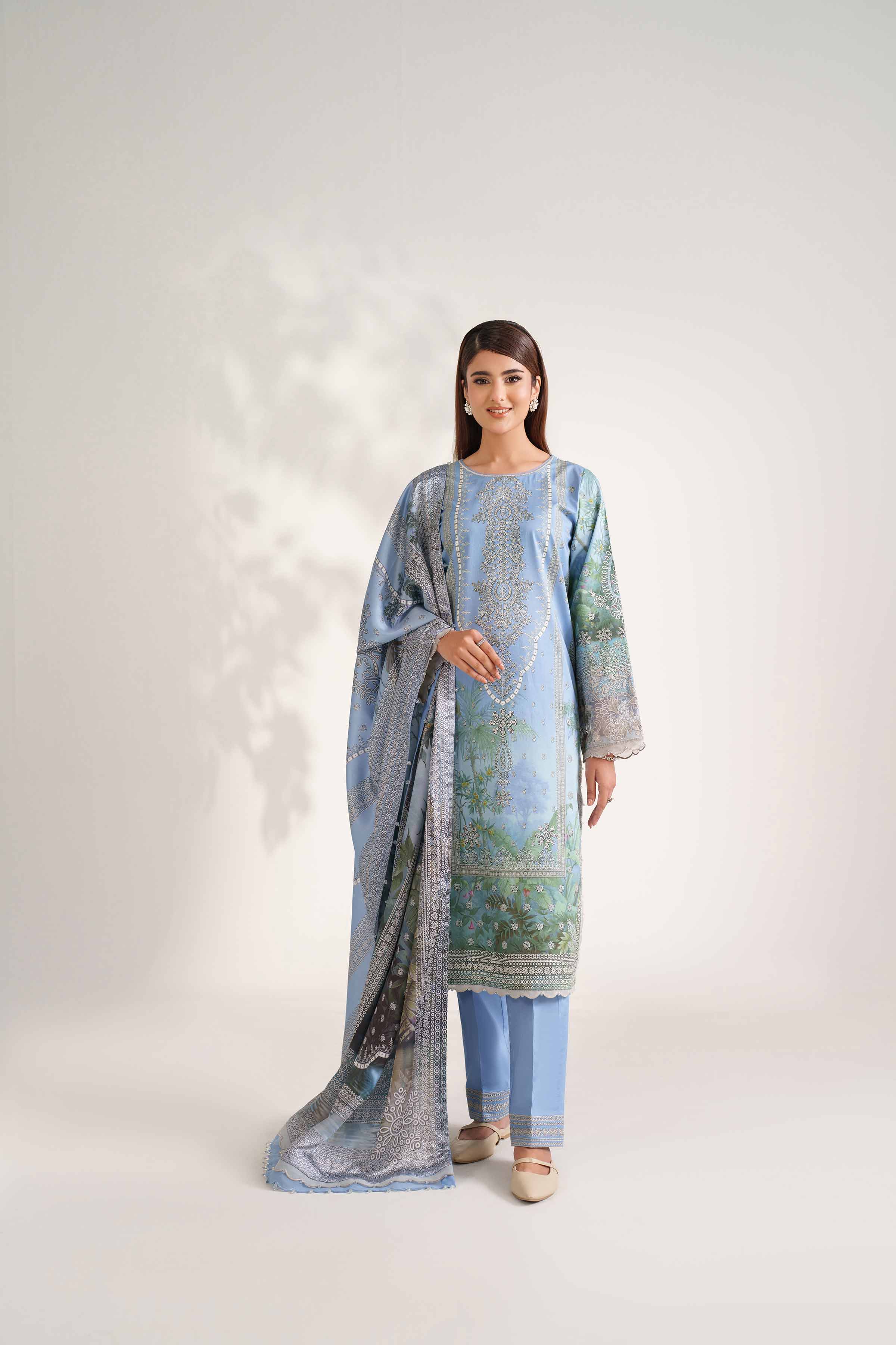NISHATUAE - Blue Embroidered Cambric 3-piece Unstitched Suit