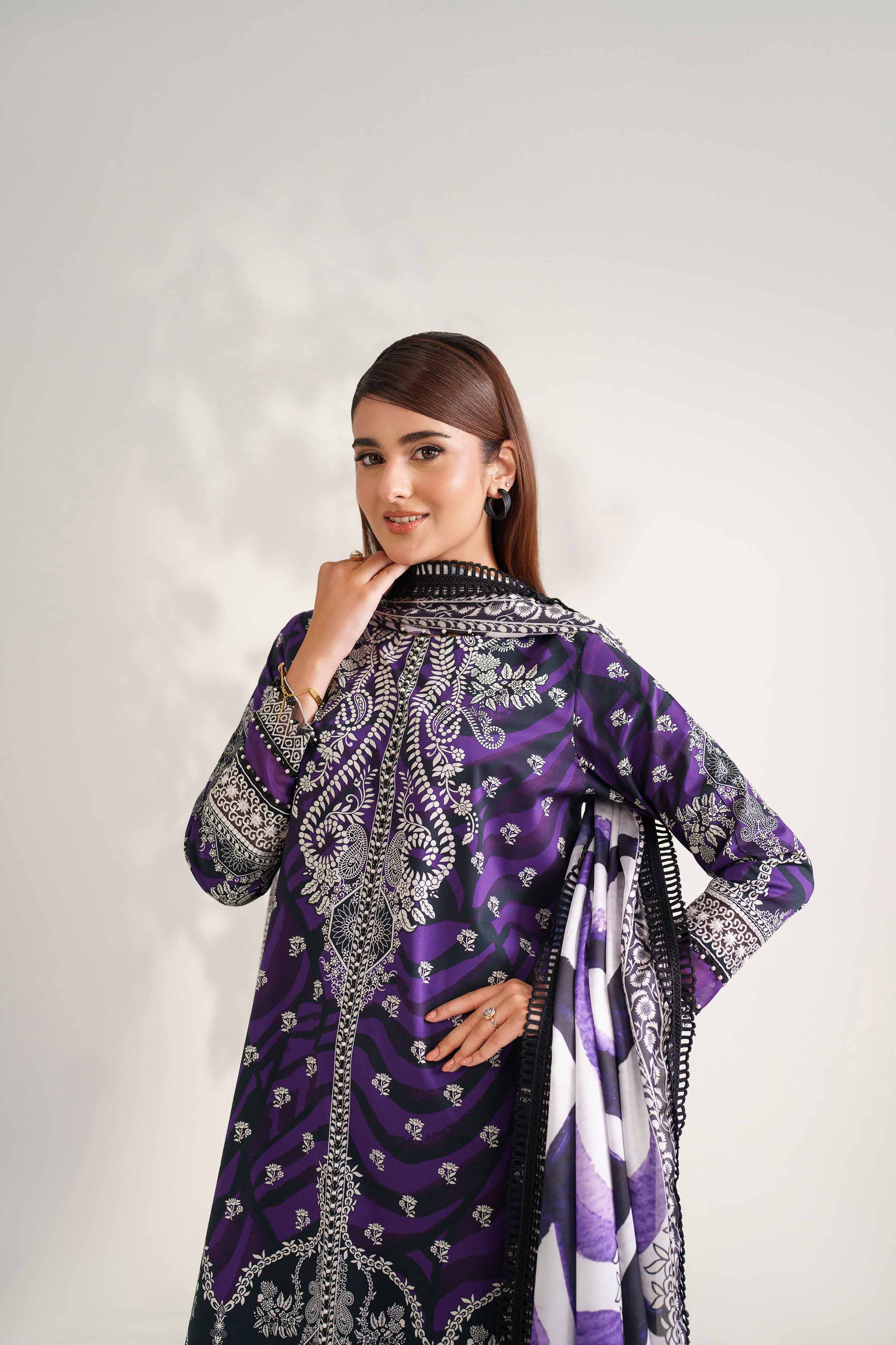NISHATUAE - Purple Embroidered Cambric 3-piece Unstitched Suit