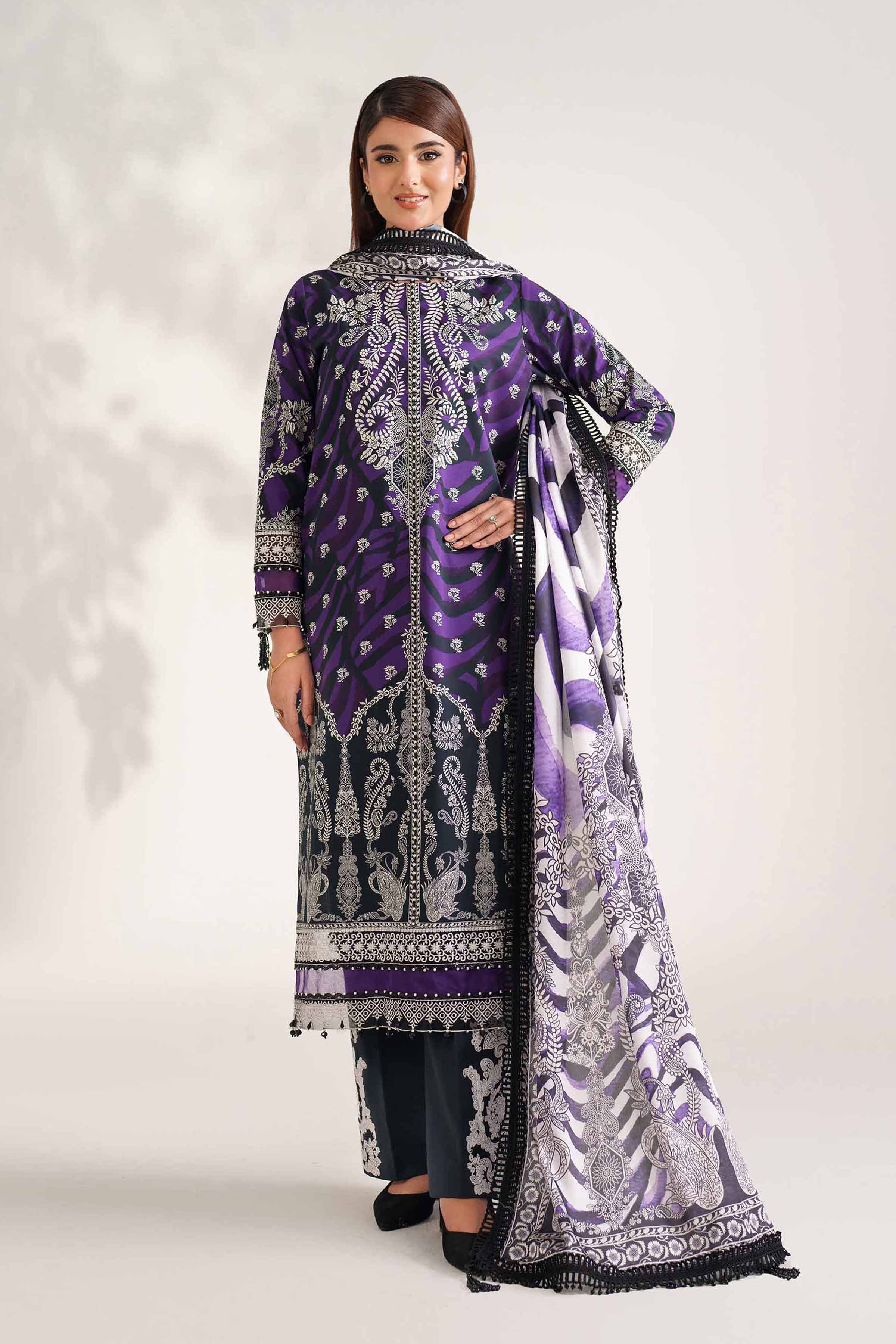 NISHATUAE - Purple Embroidered Cambric 3-piece Unstitched Suit
