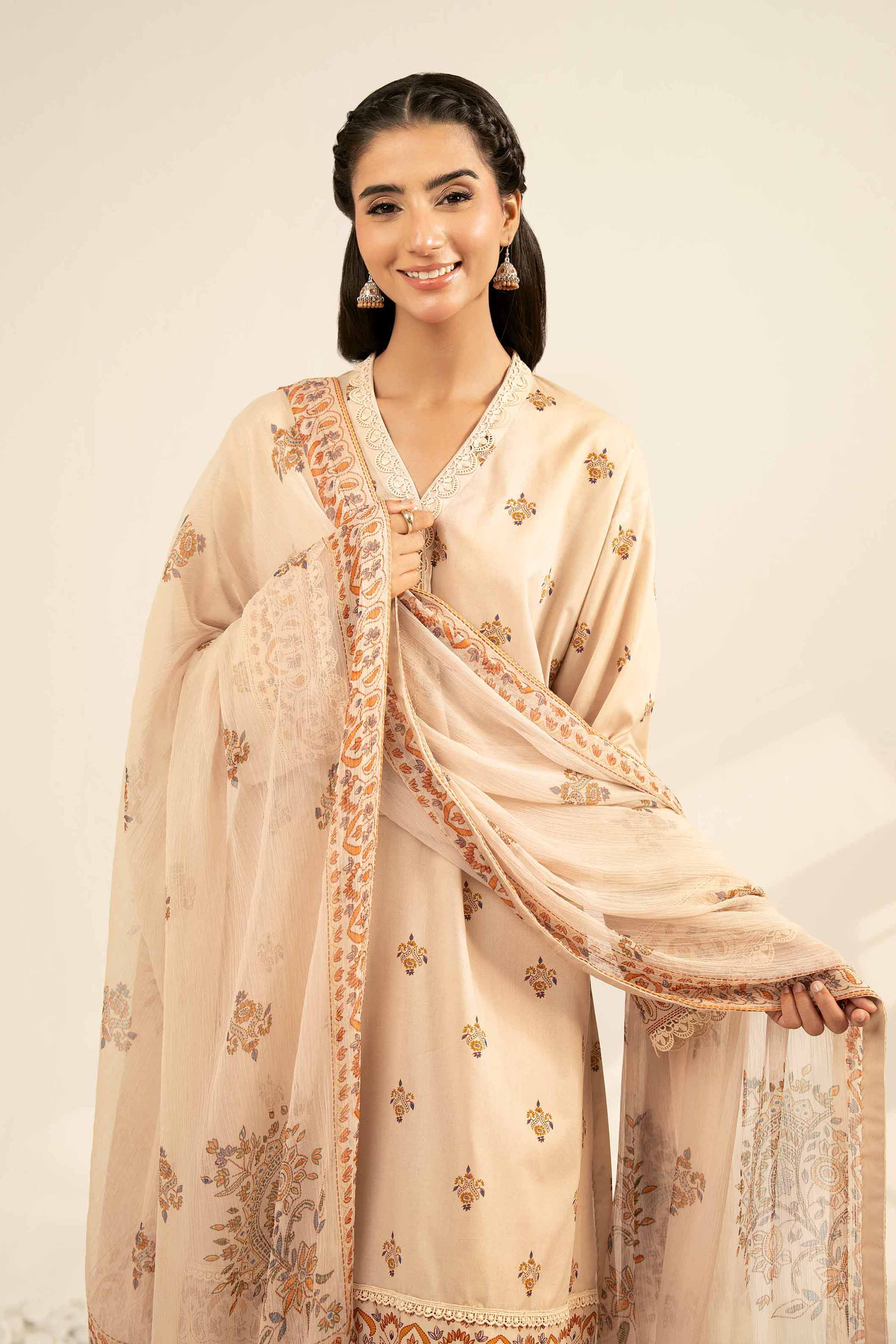 NISHATUAE - Beige Printed Cambric 3-piece Unstitched Suit