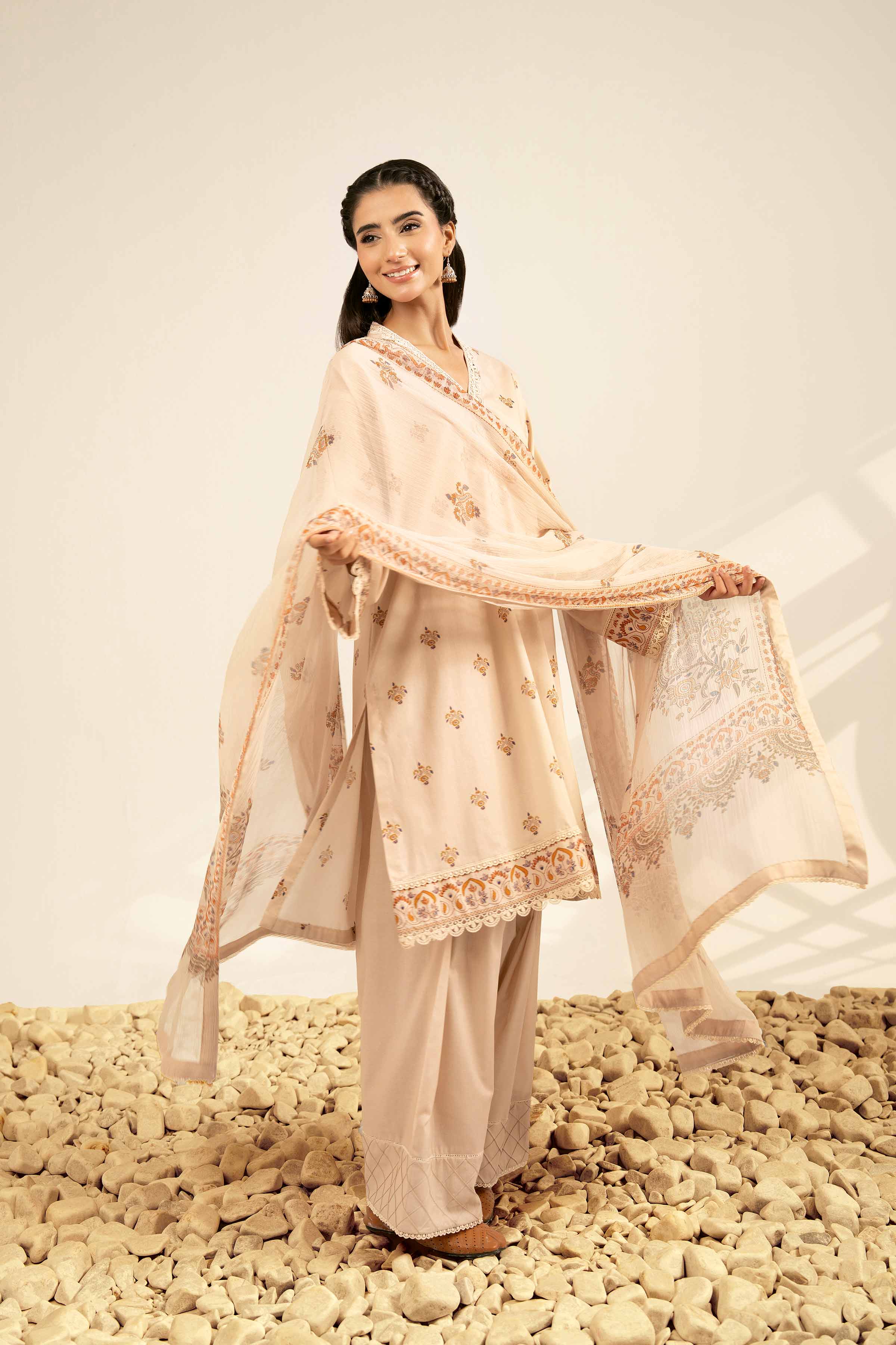 NISHATUAE - Beige Printed Cambric 3-piece Unstitched Suit