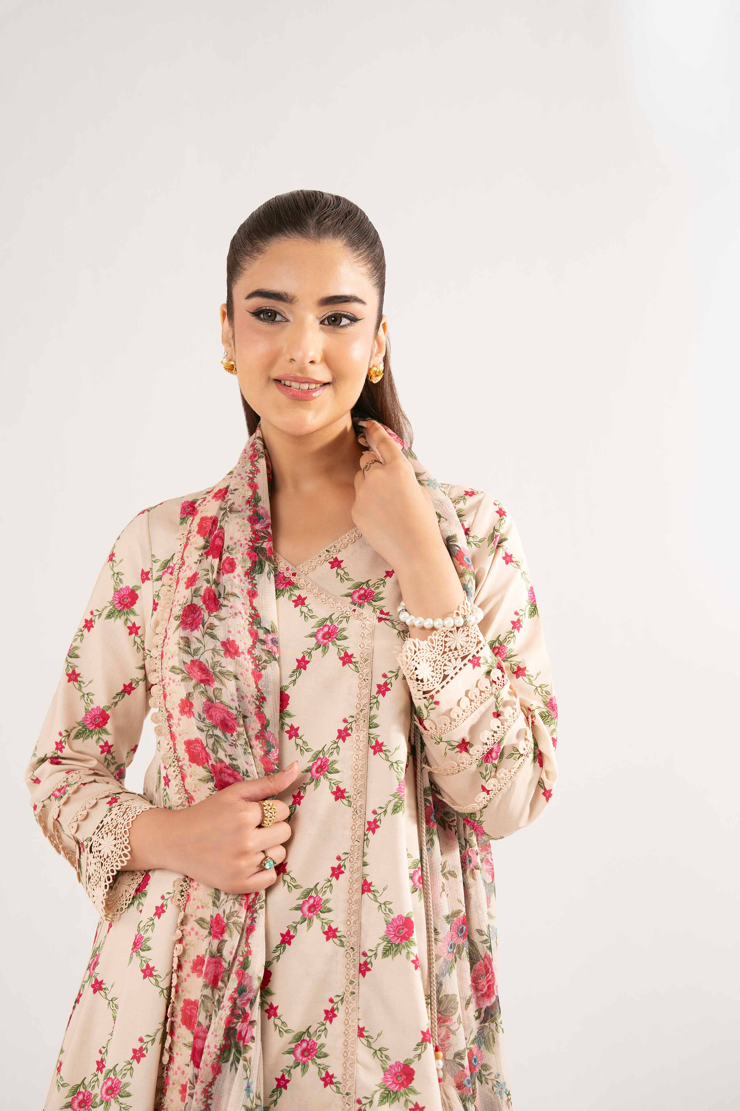 NISHATUAE - Beige Printed Cambric 3-piece Unstitched Suit