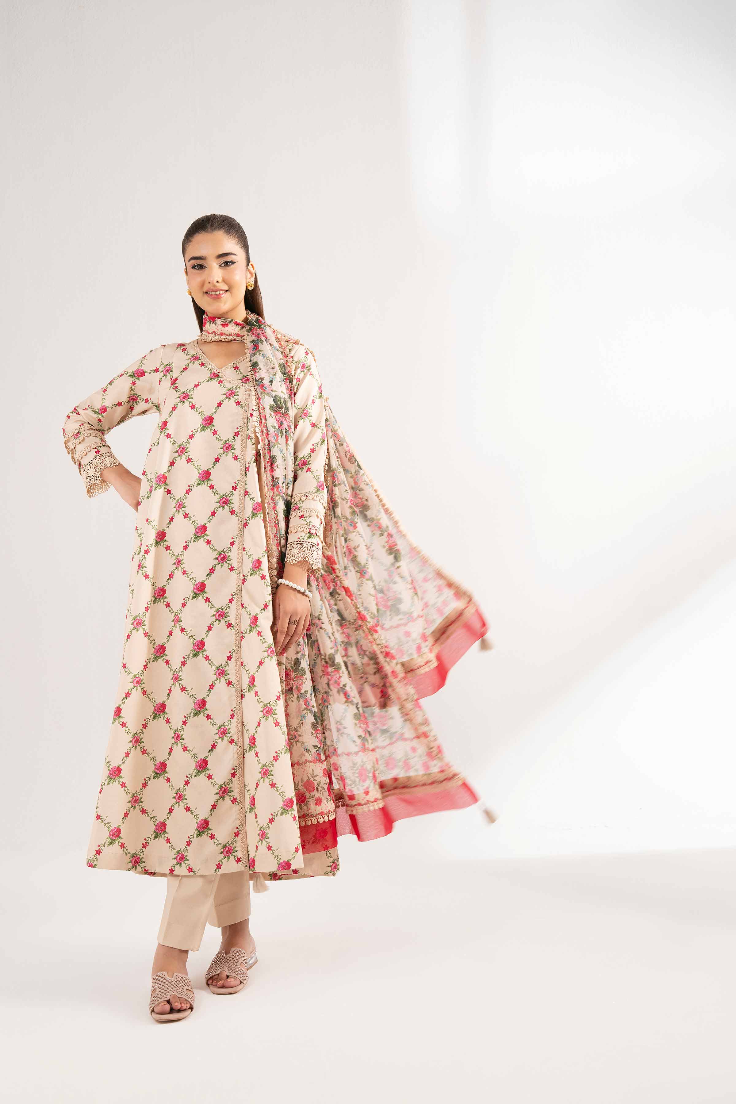 NISHATUAE - Beige Printed Cambric 3-piece Unstitched Suit