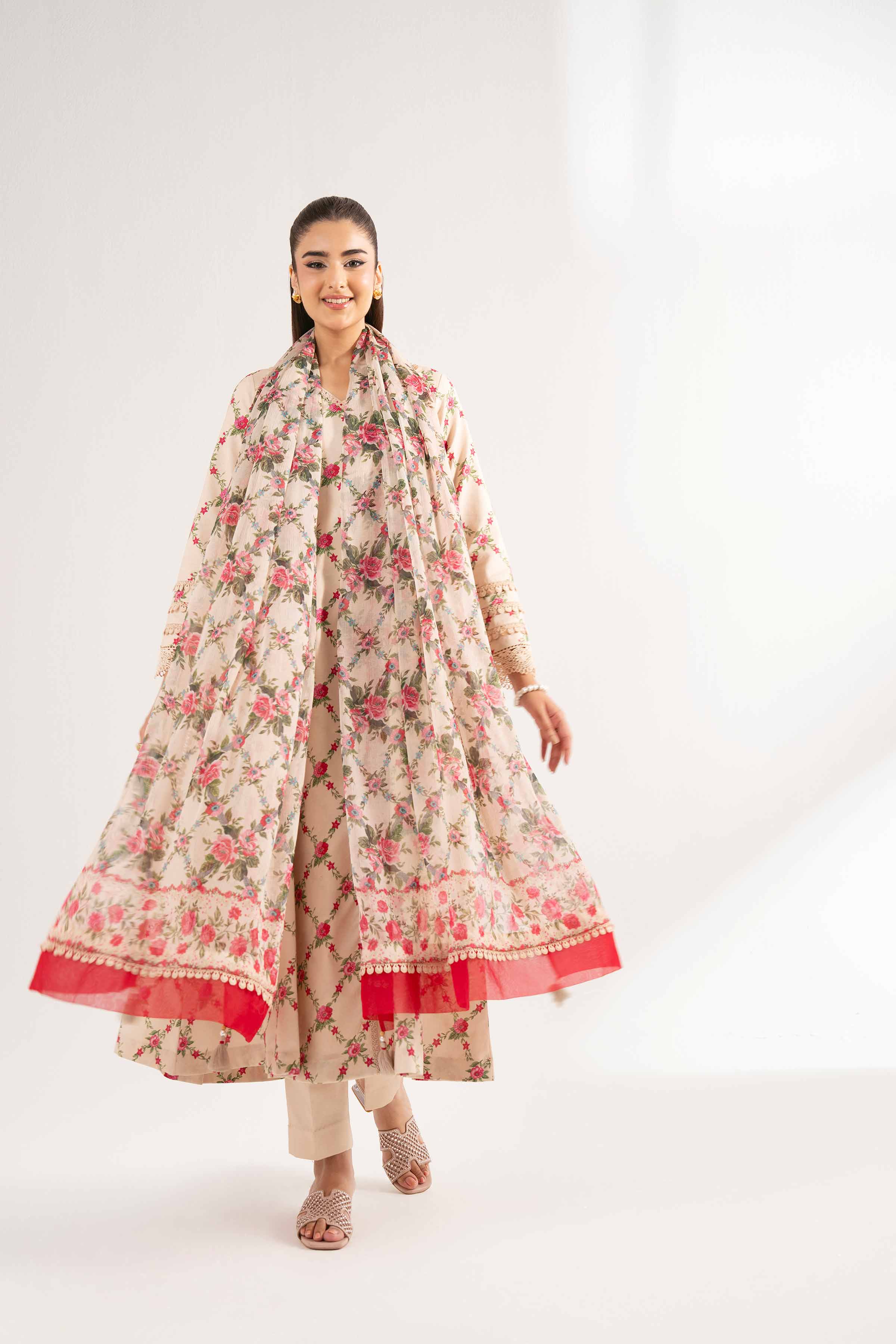 NISHATUAE - Beige Printed Cambric 3-piece Unstitched Suit