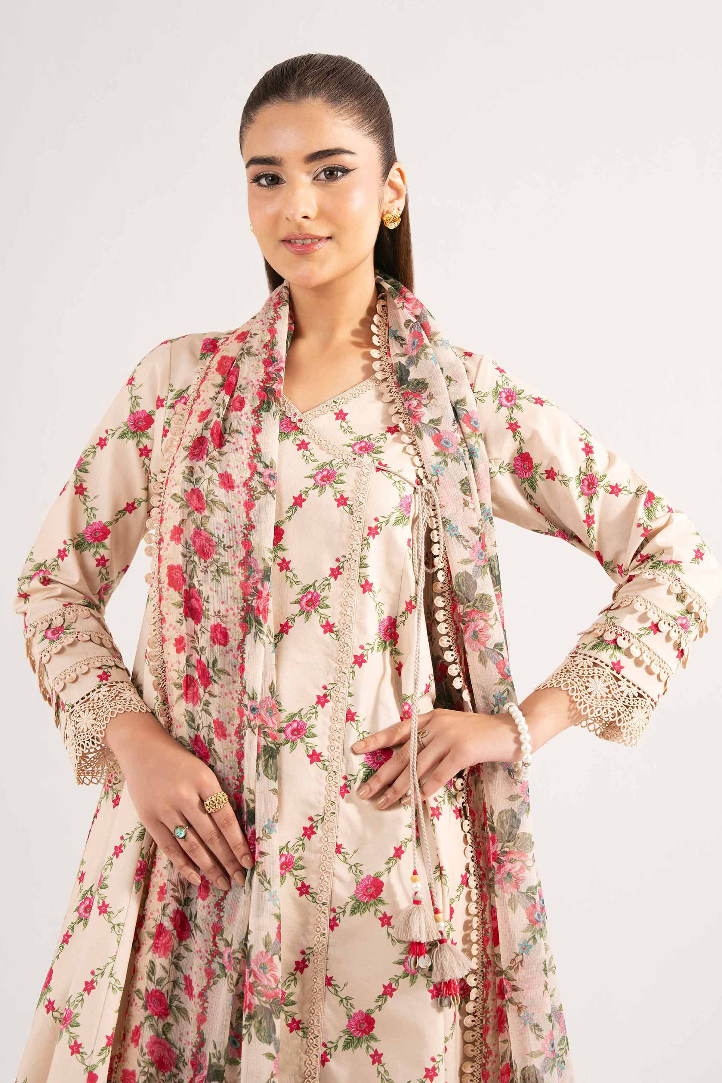 NISHATUAE - Beige Printed Cambric 3-piece Unstitched Suit