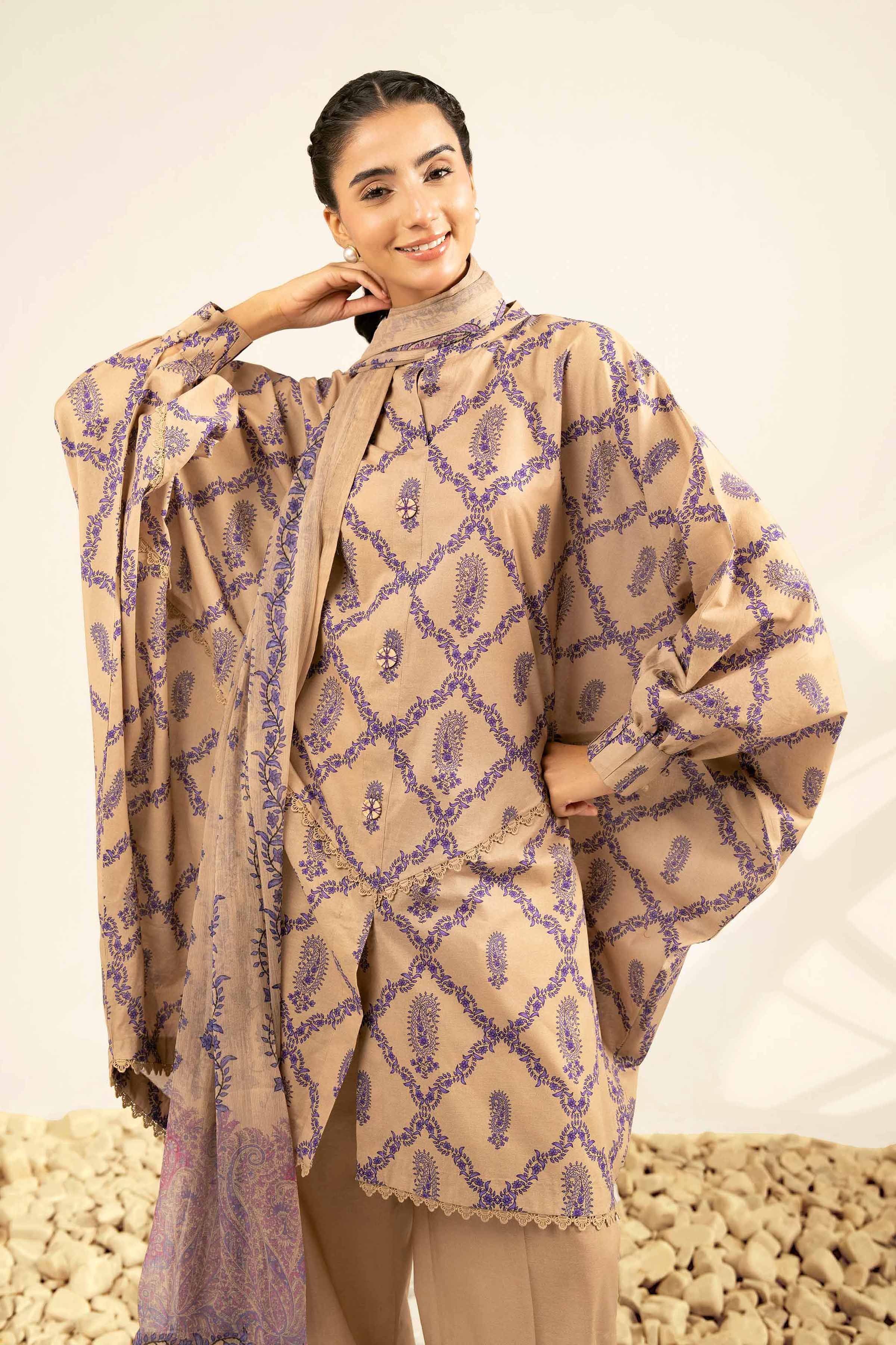 NISHATUAE - Beige Printed Cambric 3-piece Unstitched Suit