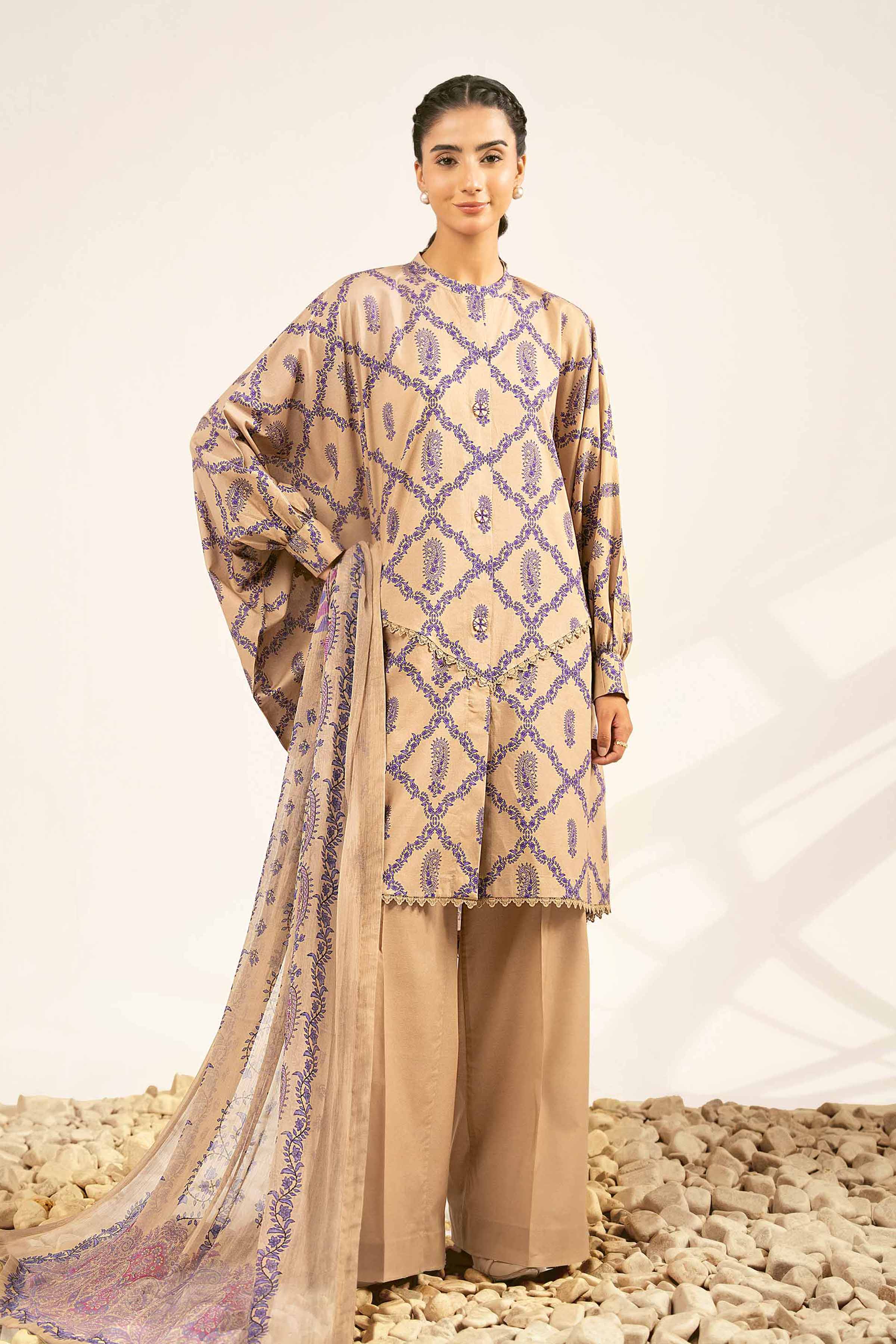 NISHATUAE - Beige Printed Cambric 3-piece Unstitched Suit