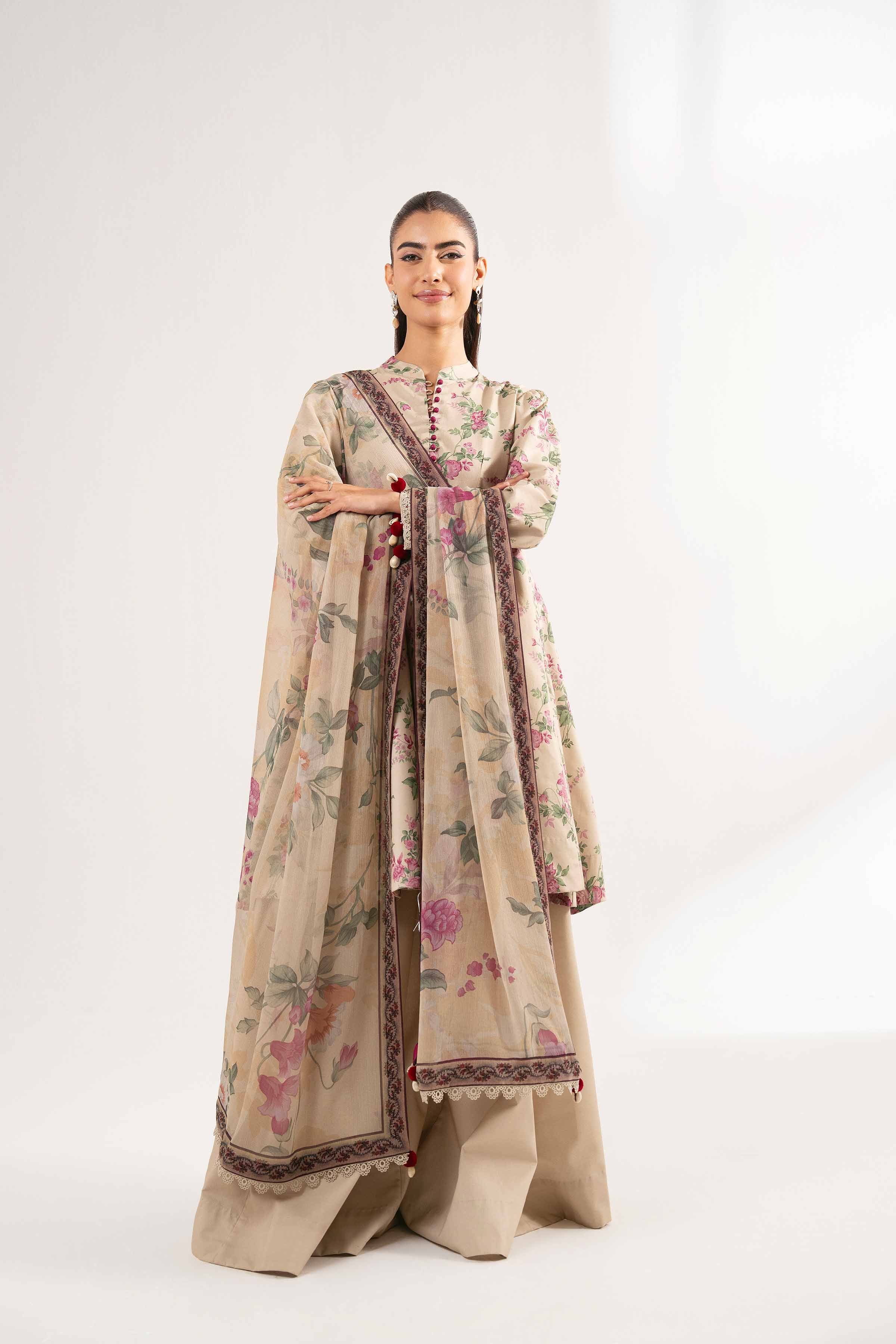 NISHATUAE - Beige Printed Cambric 3-piece Unstitched Suit