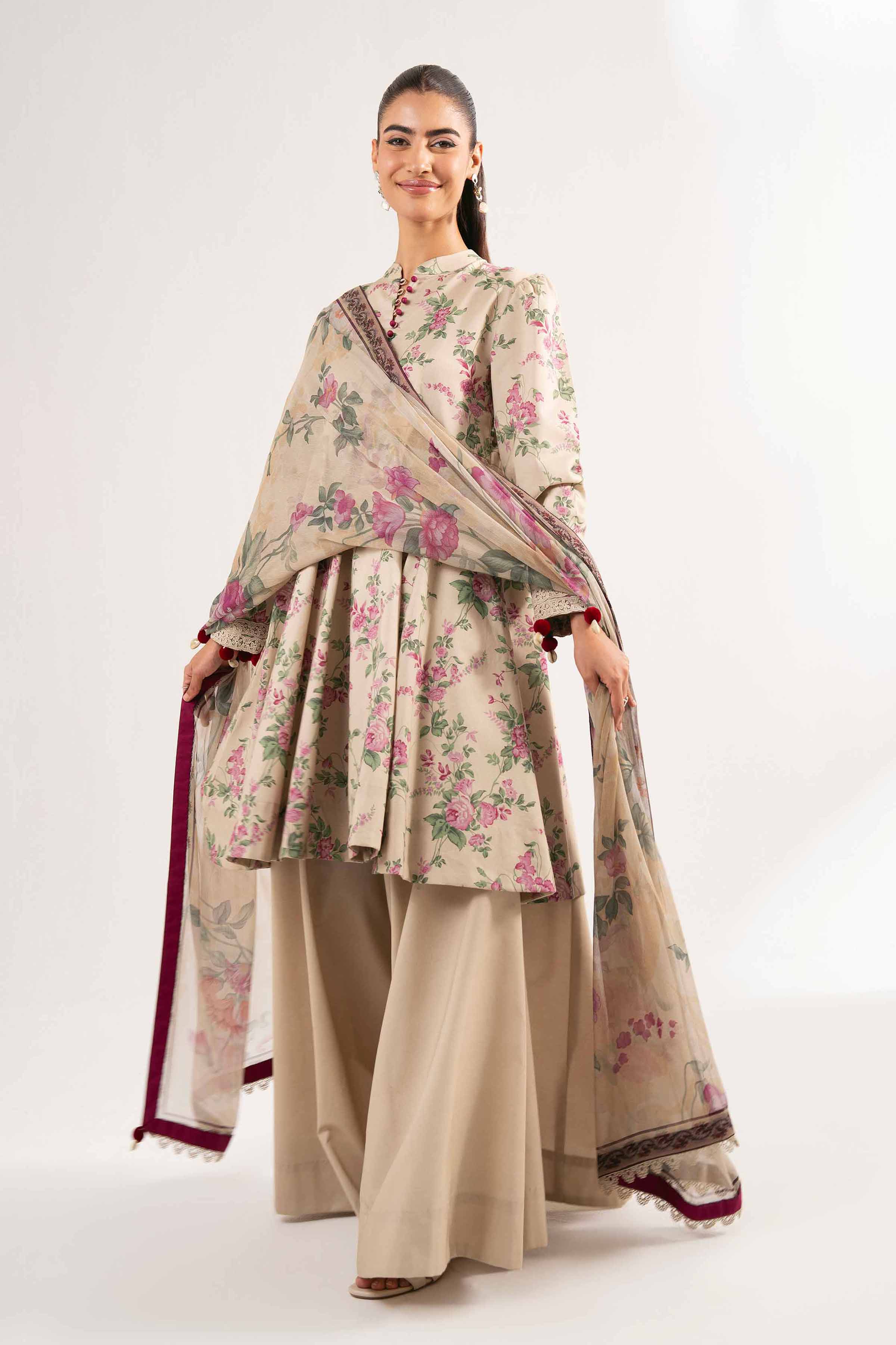 NISHATUAE - Beige Printed Cambric 3-piece Unstitched Suit
