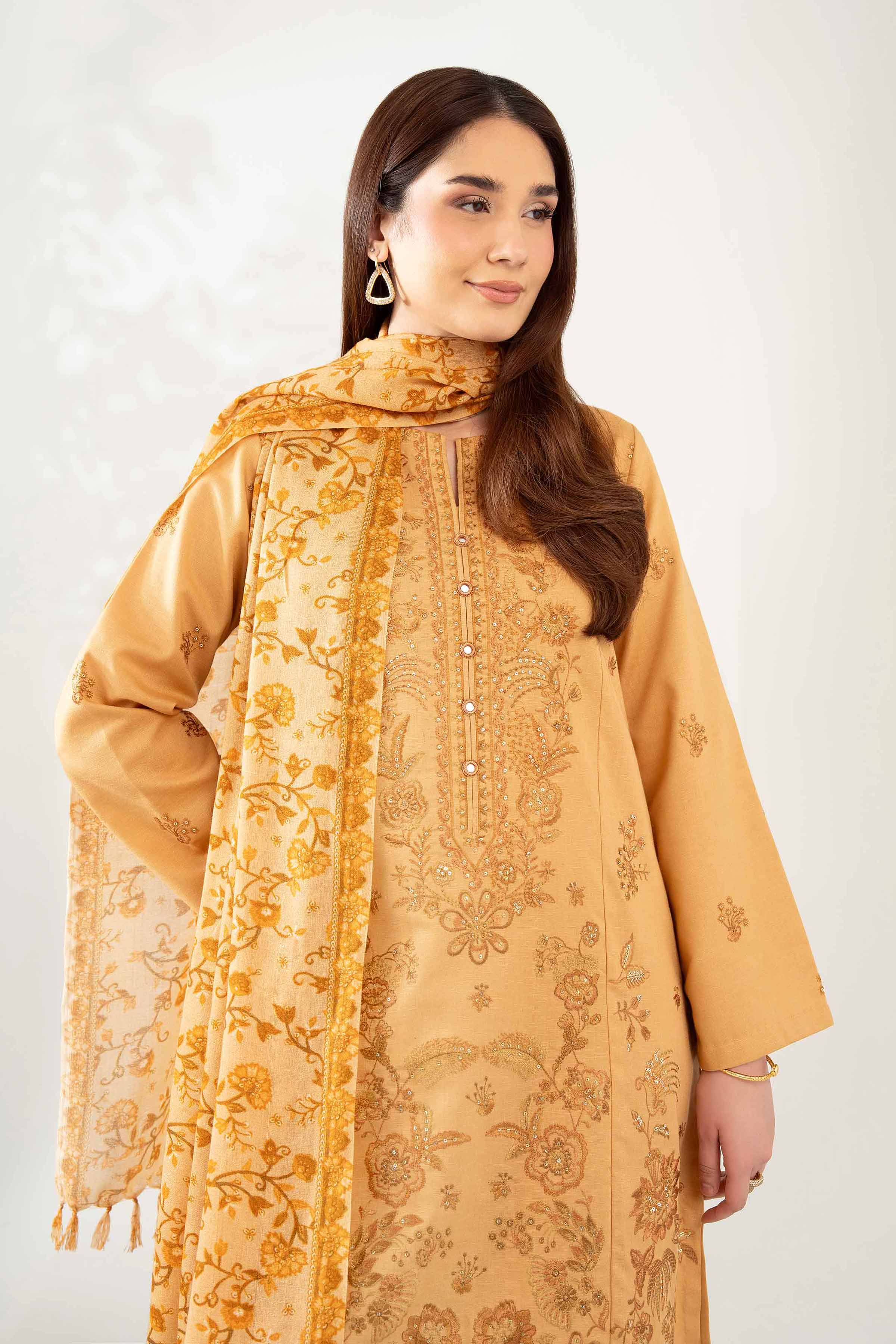 NISHATUAE - Ochre Embroidered Karandi 3-piece Unstitched Suit