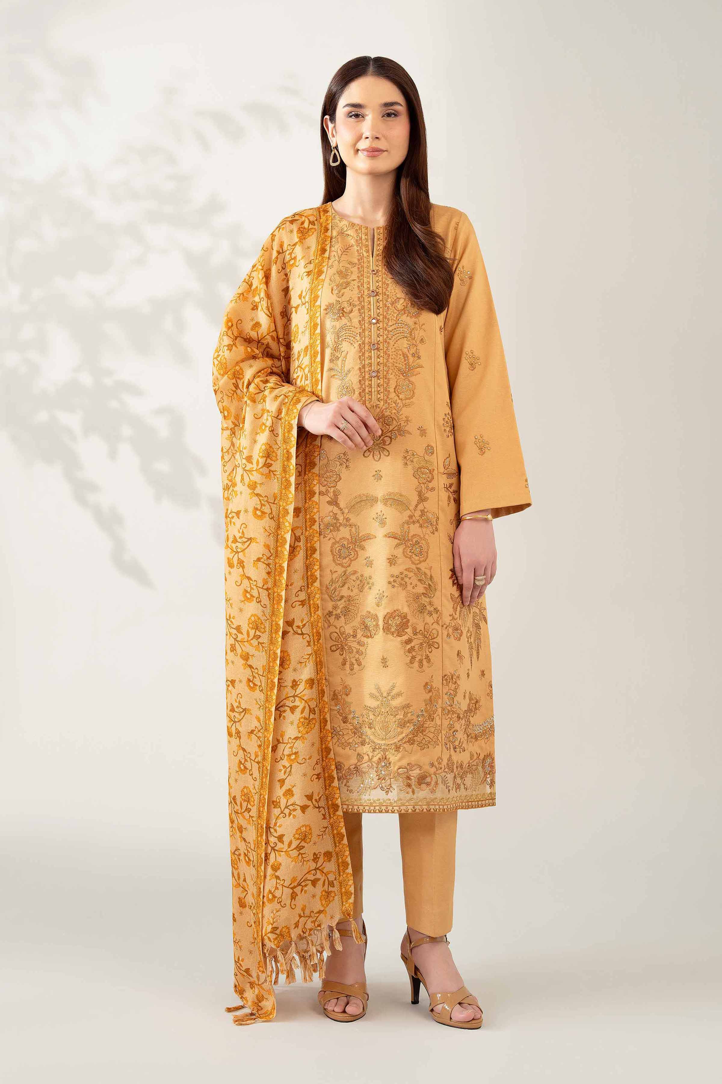 NISHATUAE - Ochre Embroidered Karandi 3-piece Unstitched Suit