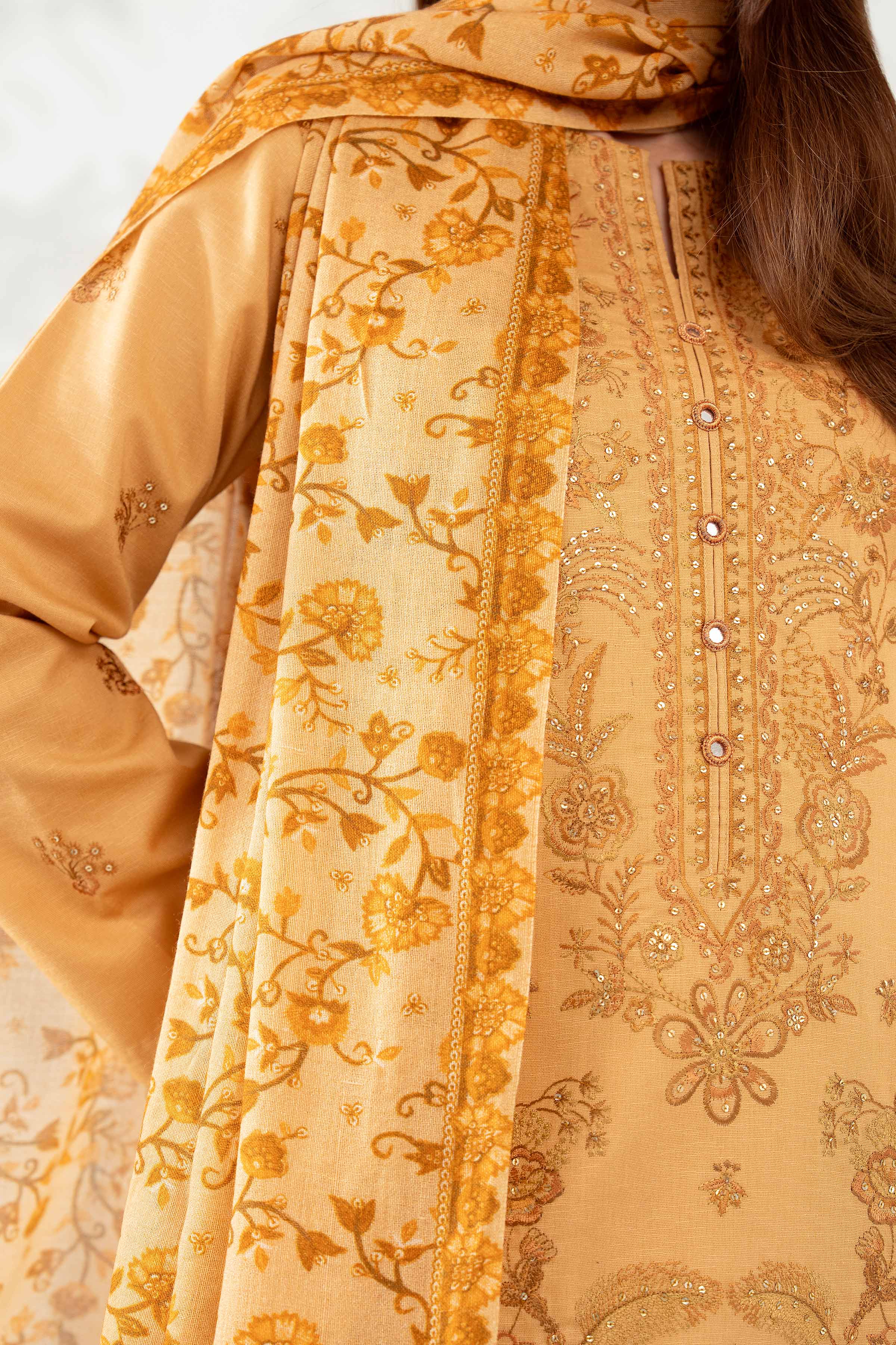 NISHATUAE - Ochre Embroidered Karandi 3-piece Unstitched Suit
