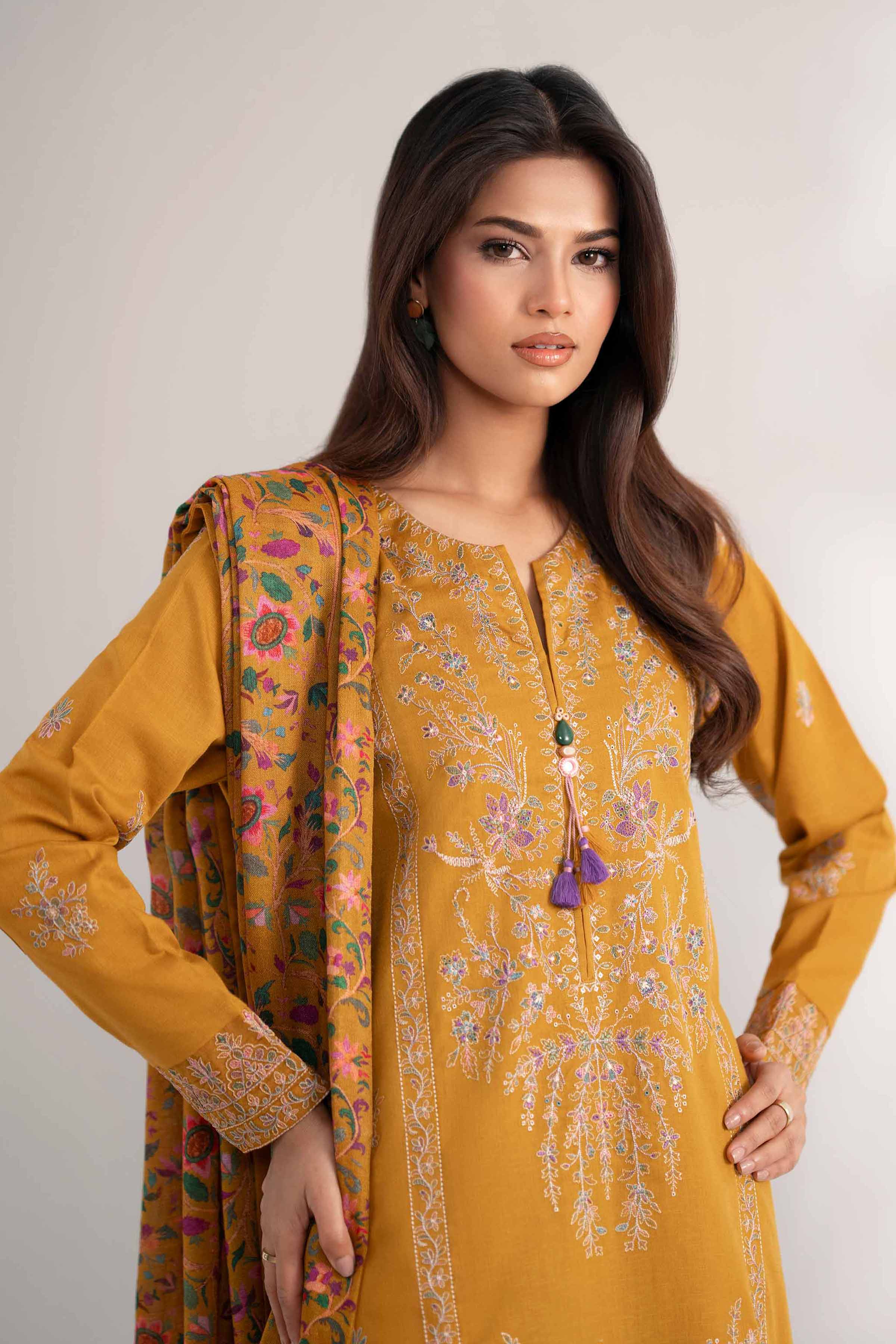 NISHATUAE - Mustard Embroidered Karandi 3-piece Unstitched Suit