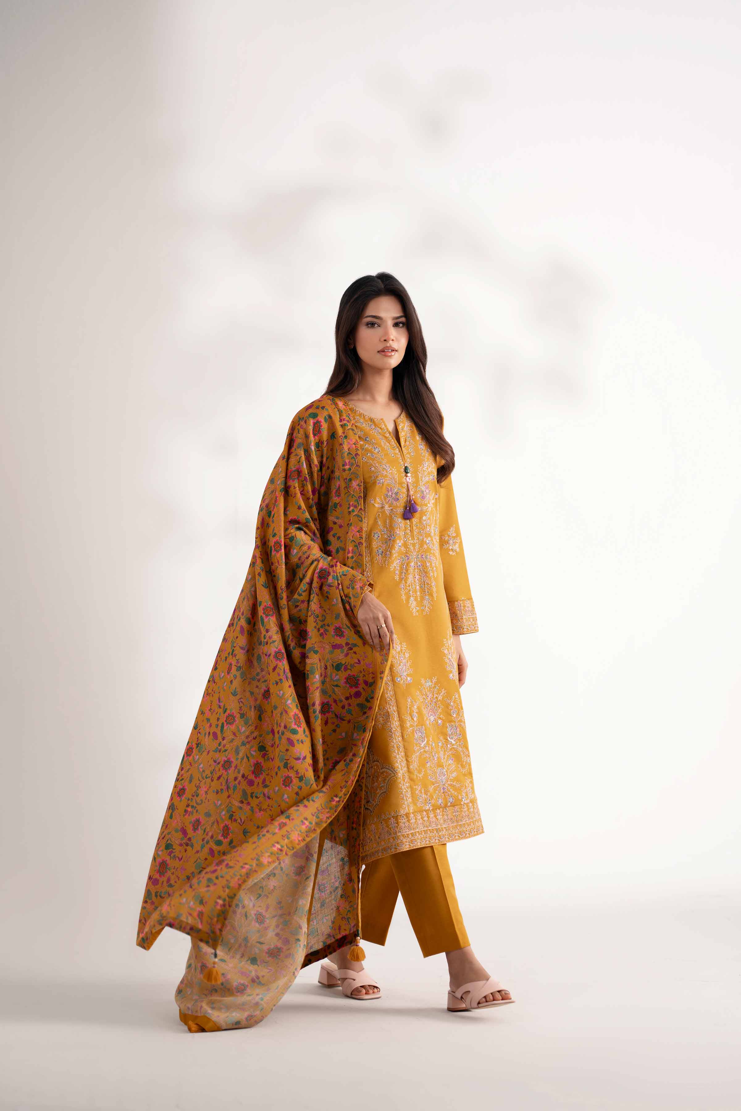 NISHATUAE - Mustard Embroidered Karandi 3-piece Unstitched Suit