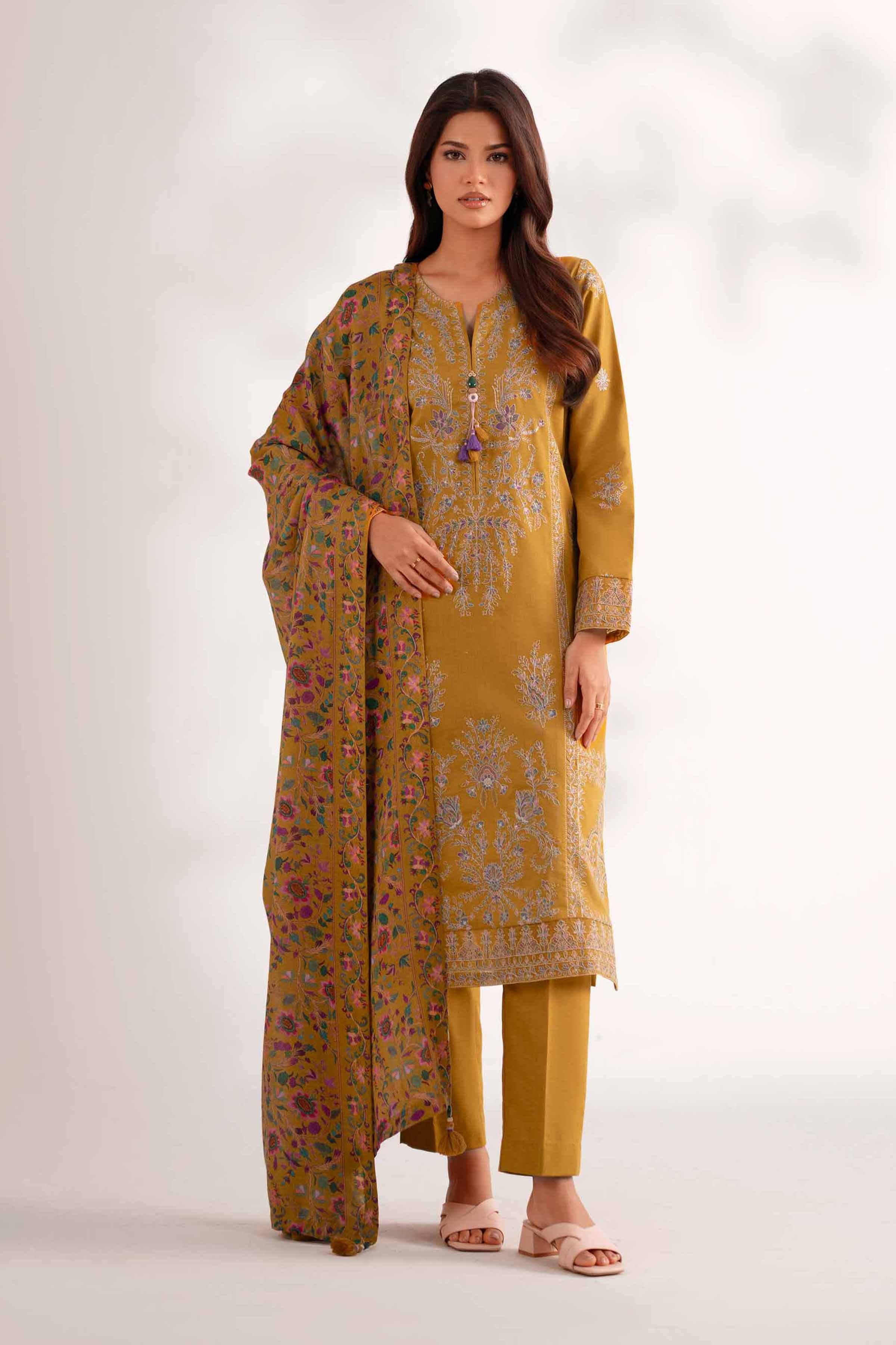 NISHATUAE - Mustard Embroidered Karandi 3-piece Unstitched Suit
