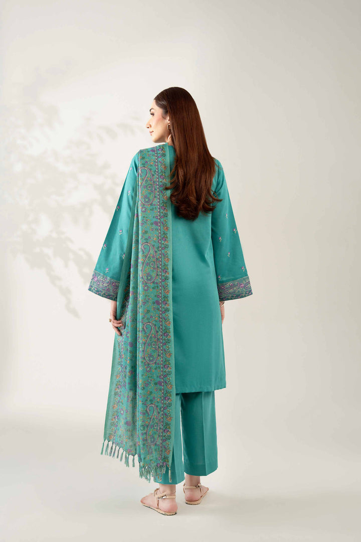 NISHATUAE - Teal Embroidered Karandi 3-piece Unstitched Suit