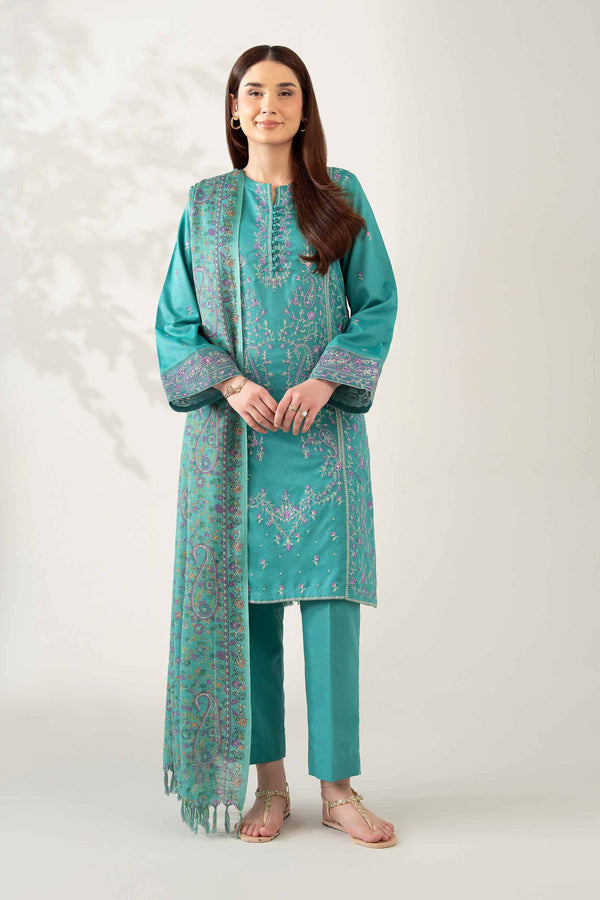 NISHATUAE - Teal Embroidered Karandi 3-piece Unstitched Suit