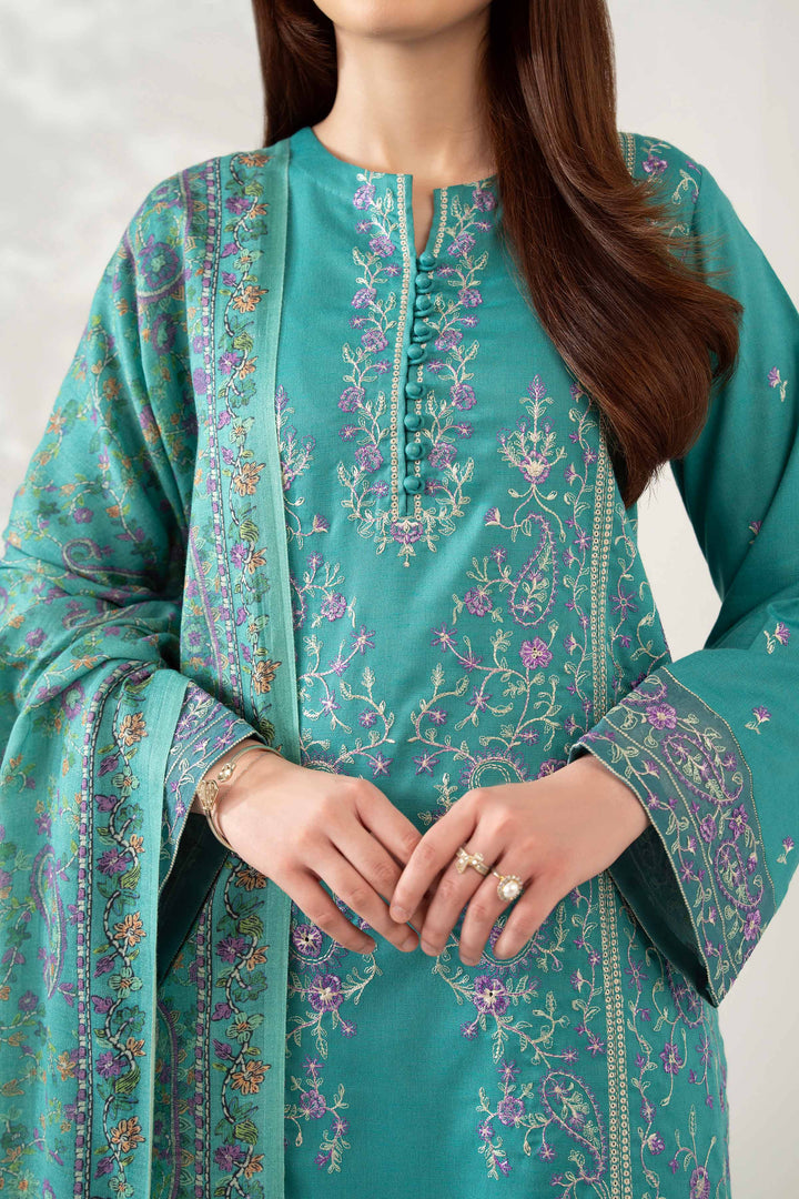 NISHATUAE - Teal Embroidered Karandi 3-piece Unstitched Suit