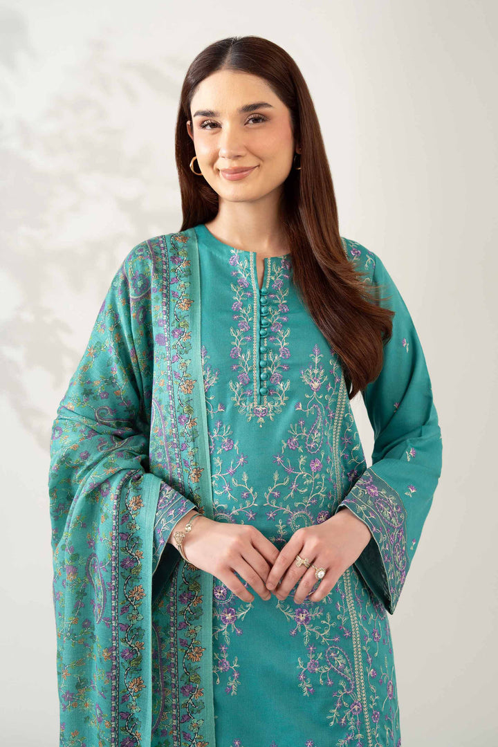 NISHATUAE - Teal Embroidered Karandi 3-piece Unstitched Suit