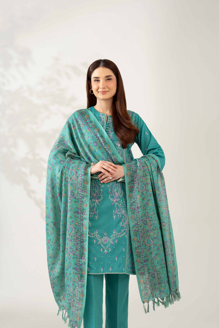 NISHATUAE - Teal Embroidered Karandi 3-piece Unstitched Suit
