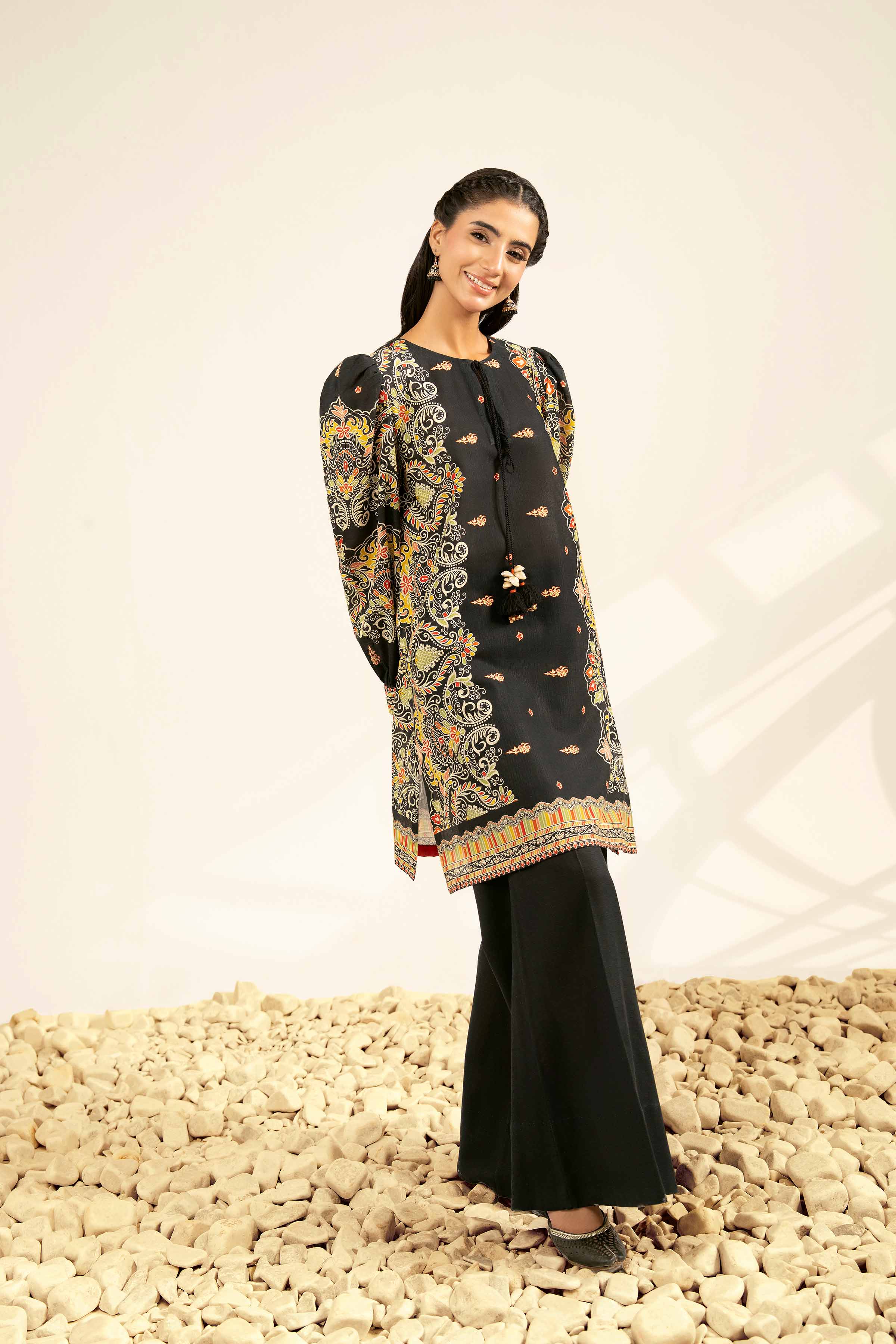 NISHATUAE - Black Printed Khaddar 2-piece Unstitched Dress