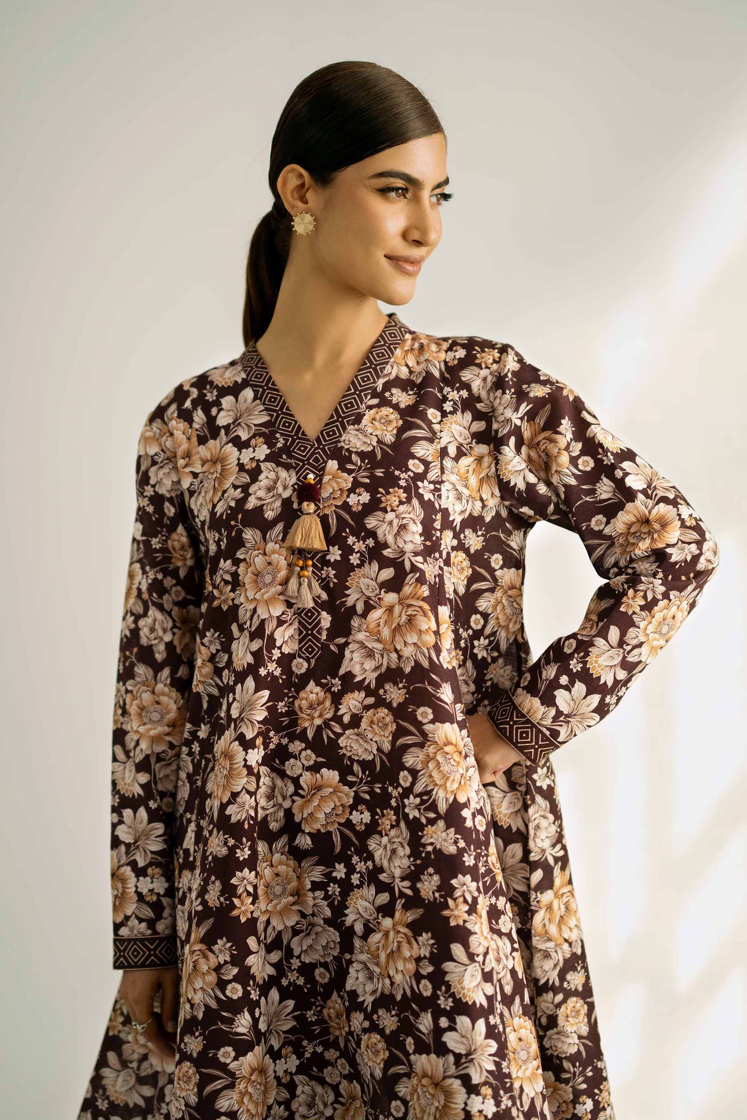 NISHATUAE - Brown Printed Khaddar 2-piece Unstitched Dress
