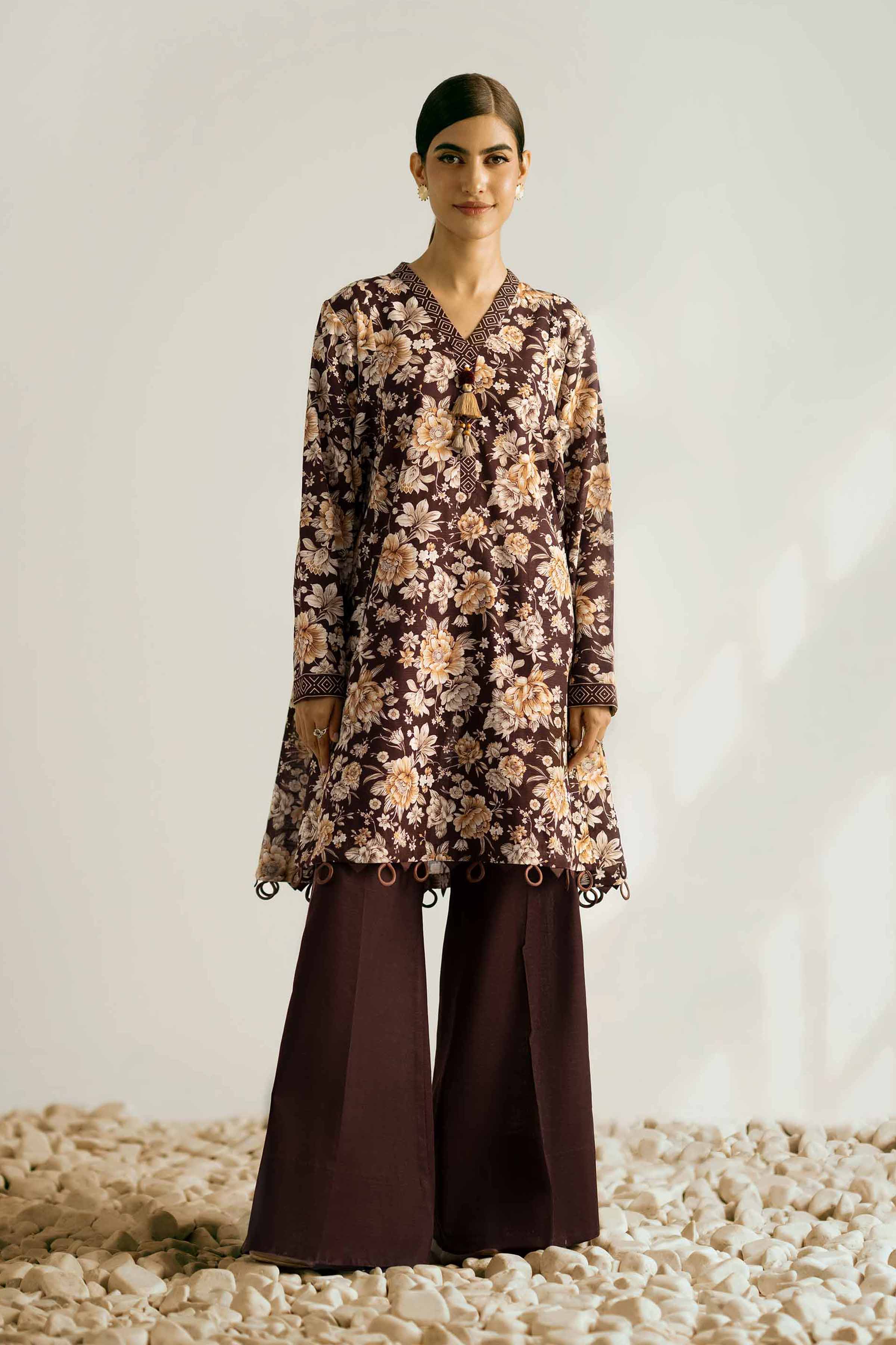 NISHATUAE - Brown Printed Khaddar 2-piece Unstitched Dress
