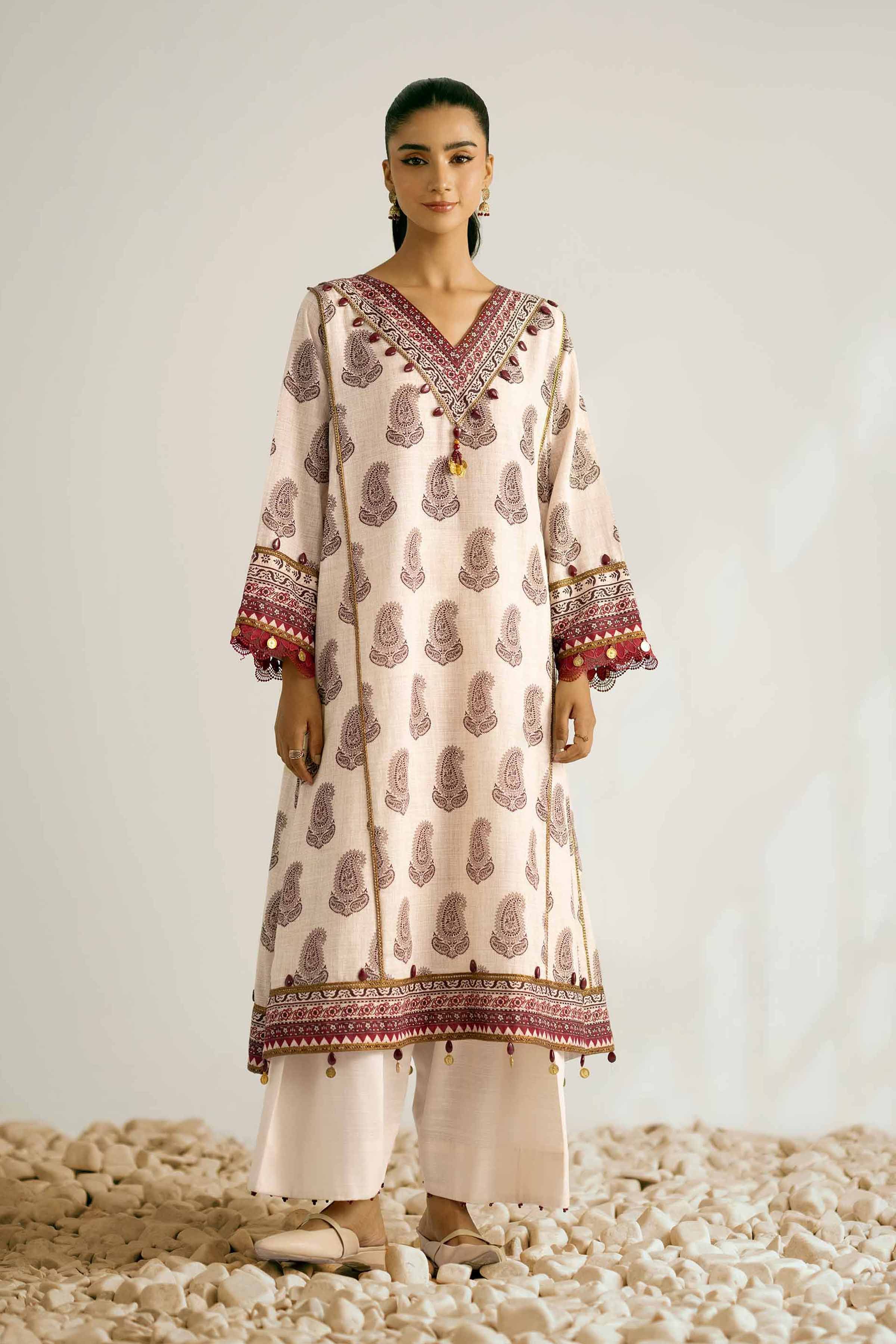 NISHATUAE - Off White Printed Khaddar 2-piece Unstitched Dress