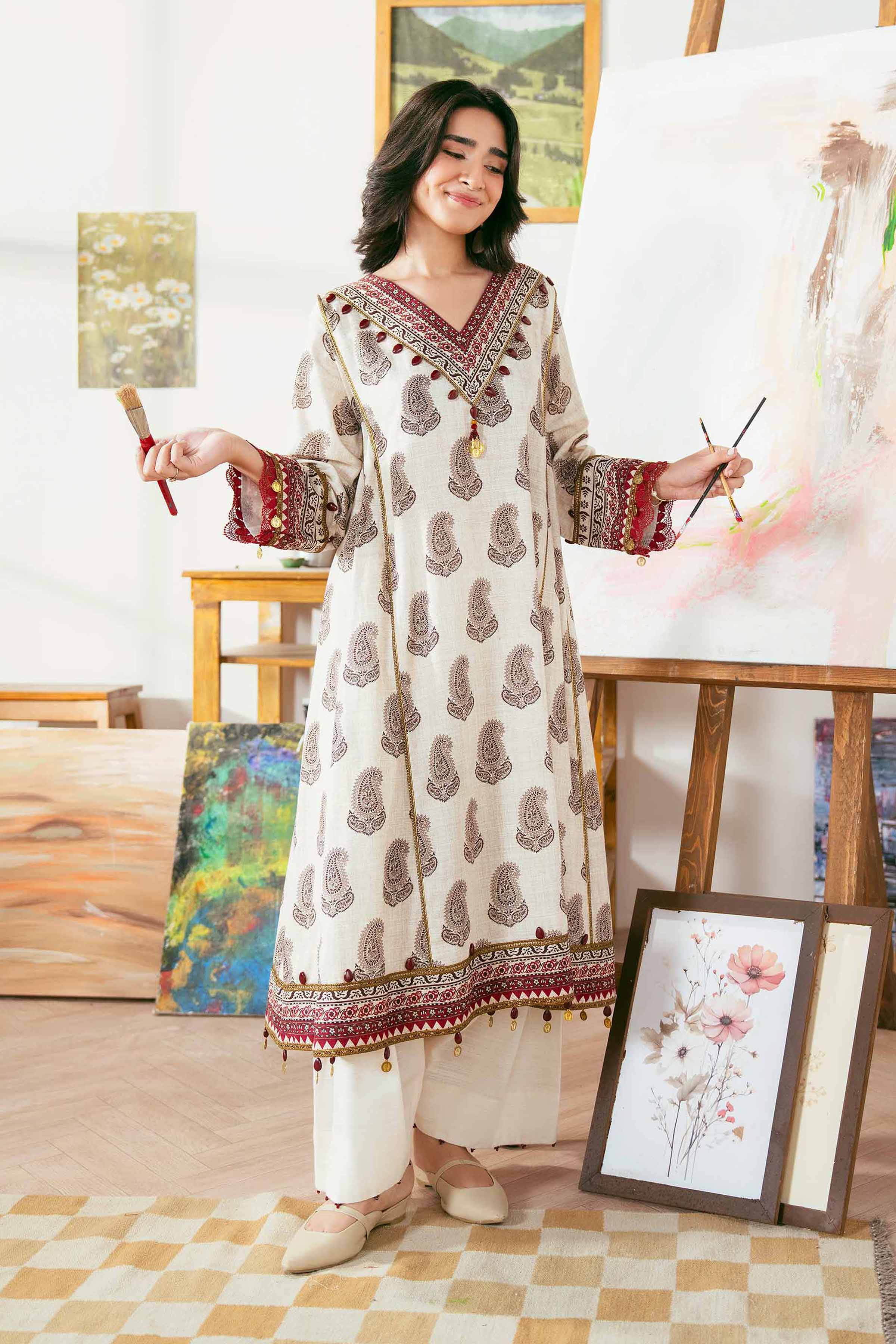NISHATUAE - Off White Printed Khaddar 2-piece Unstitched Dress