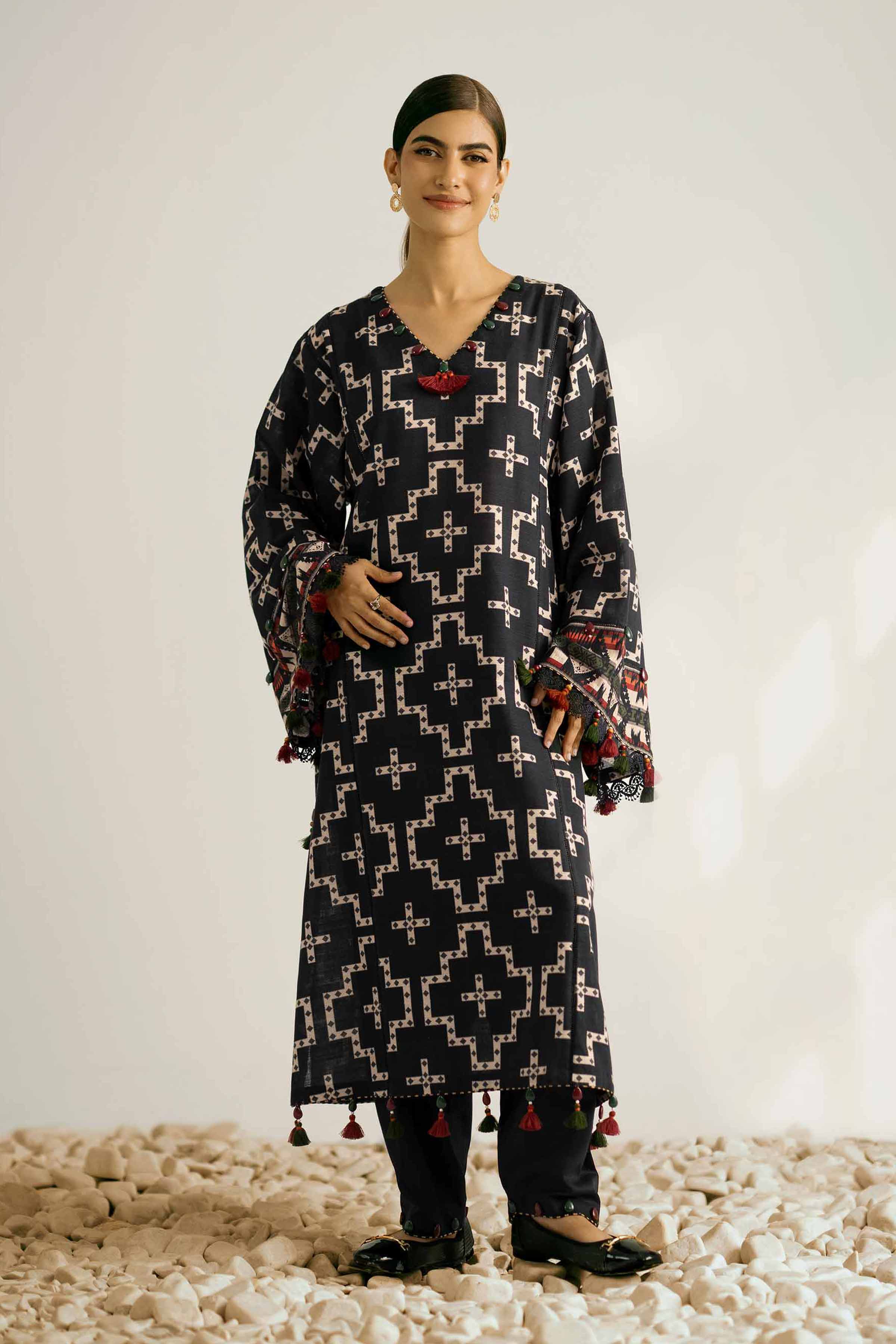 NISHATUAE - Black Printed Khaddar 2-piece Unstitched Dress