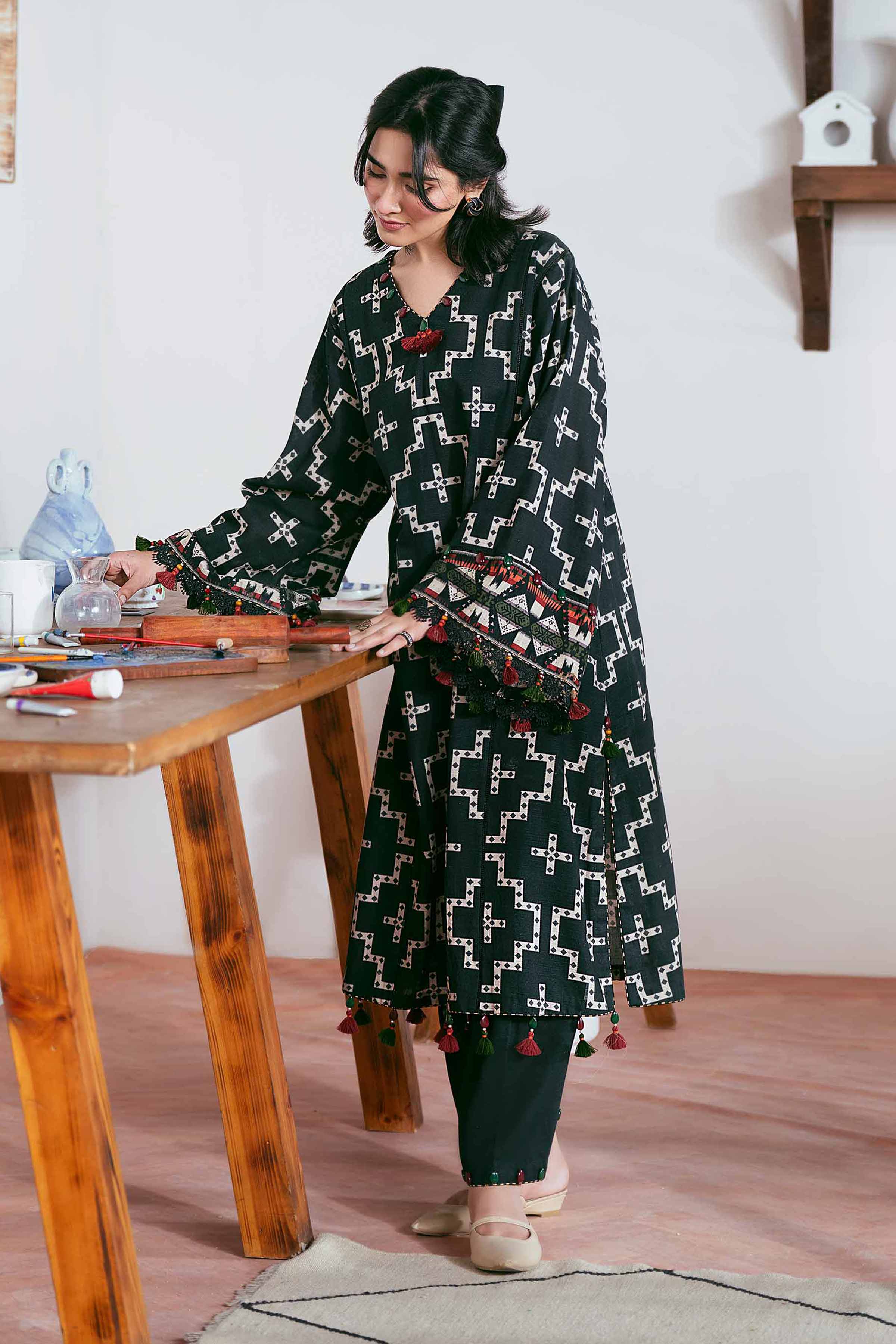 NISHATUAE - Black Printed Khaddar 2-piece Unstitched Dress