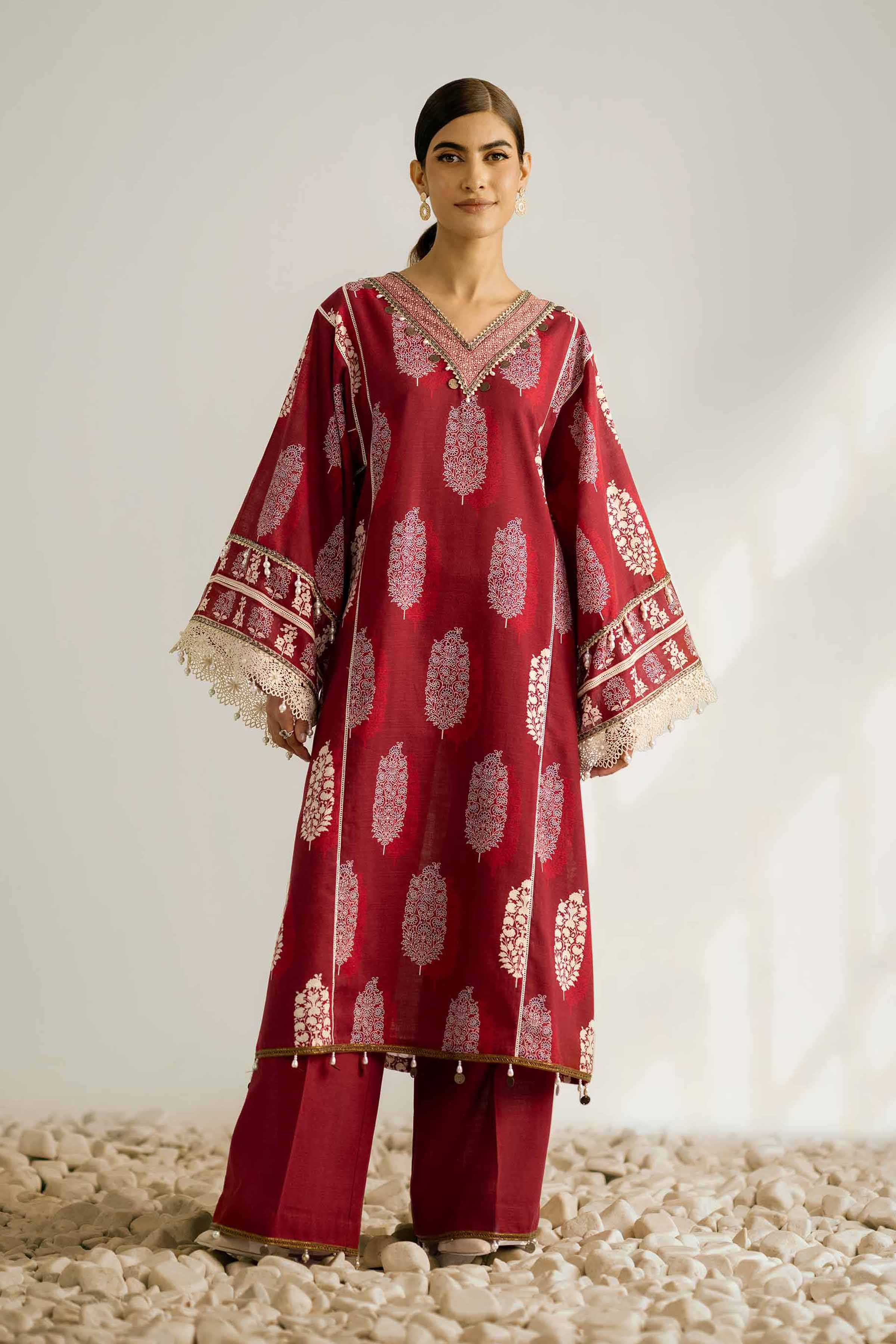 NISHATUAE - Maroon Printed Khaddar 2-piece Unstitched Dress