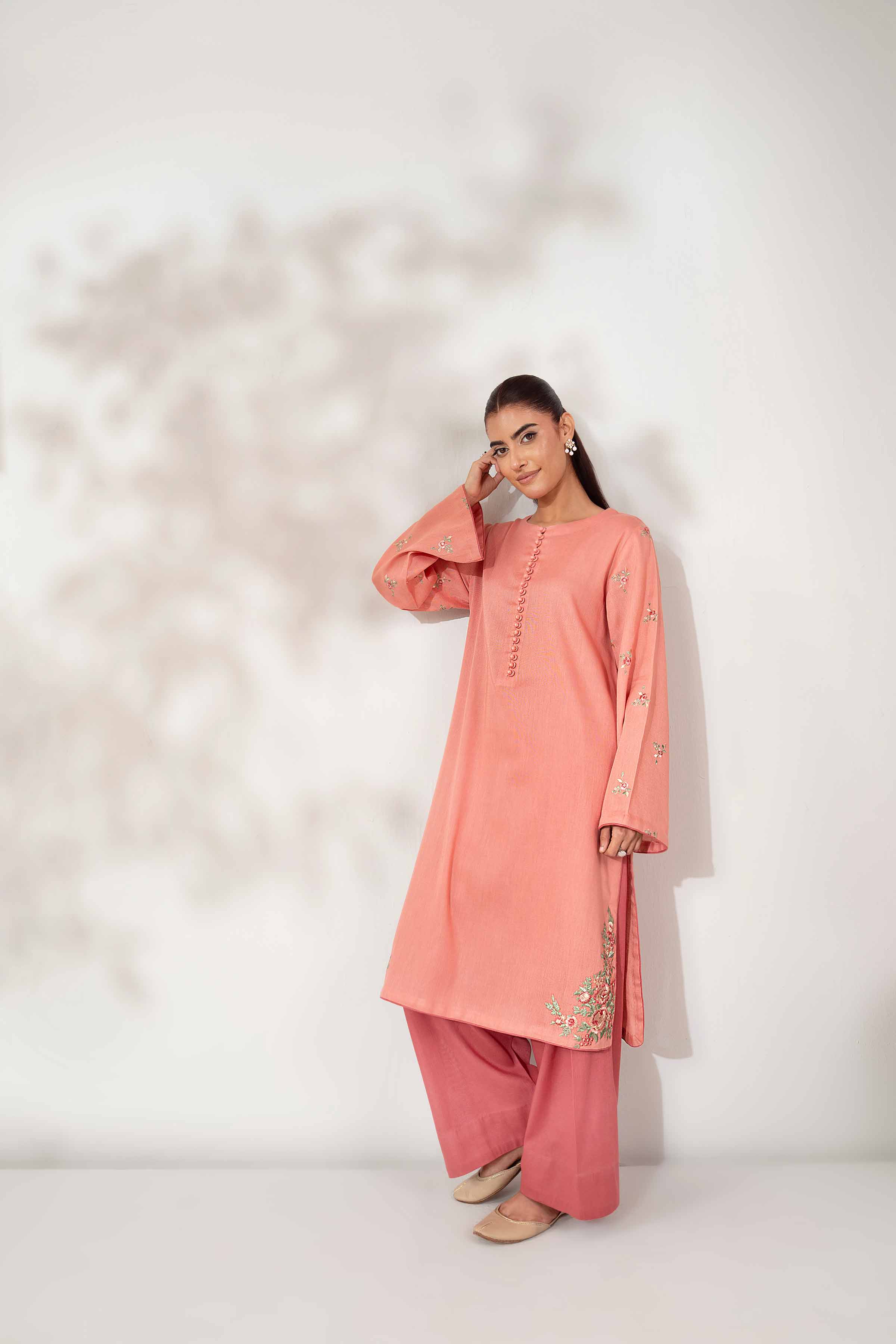 NISHATUAE - Peach Embroidered Khaddar 2-piece Unstitched Dress