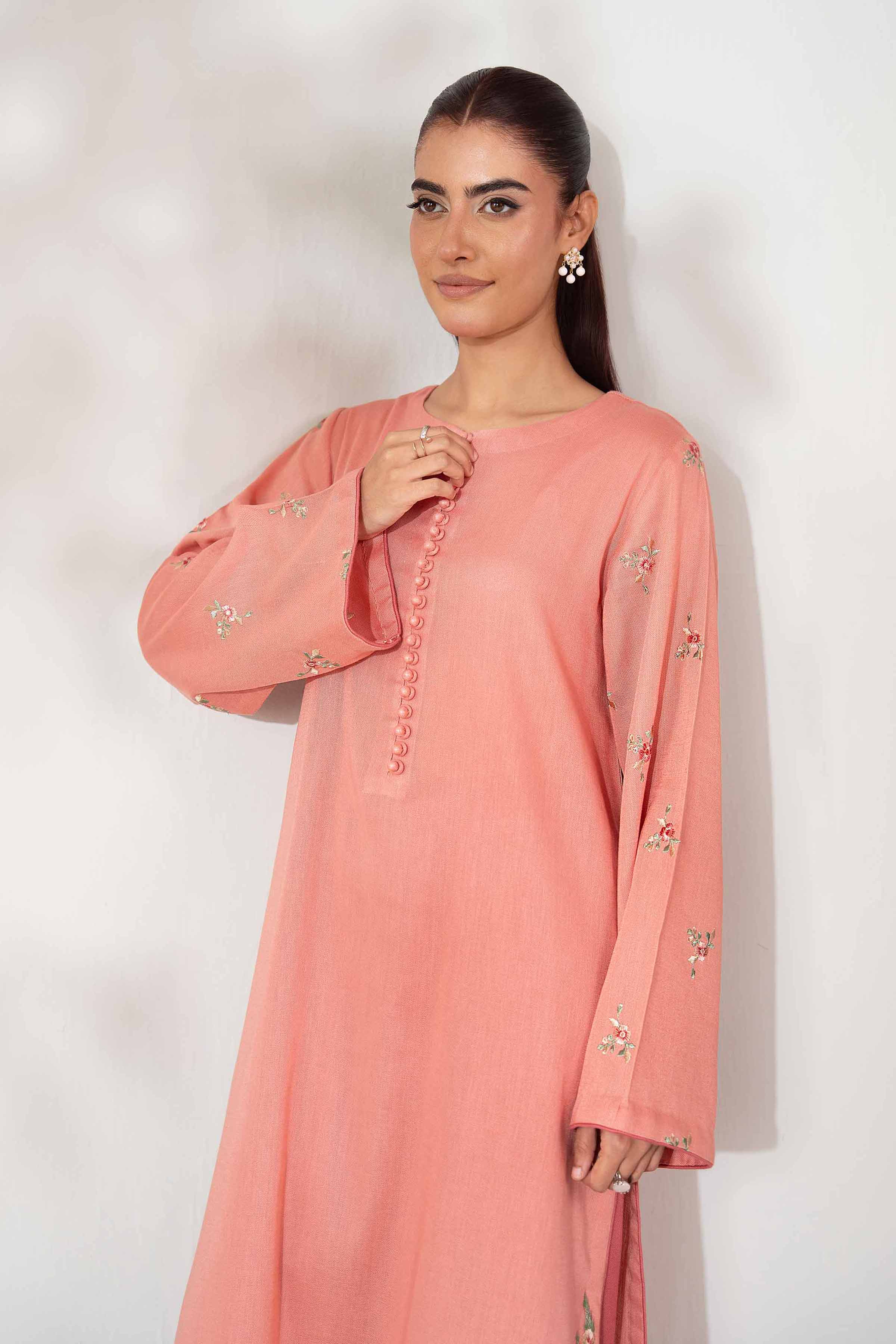 NISHATUAE - Peach Embroidered Khaddar 2-piece Unstitched Dress