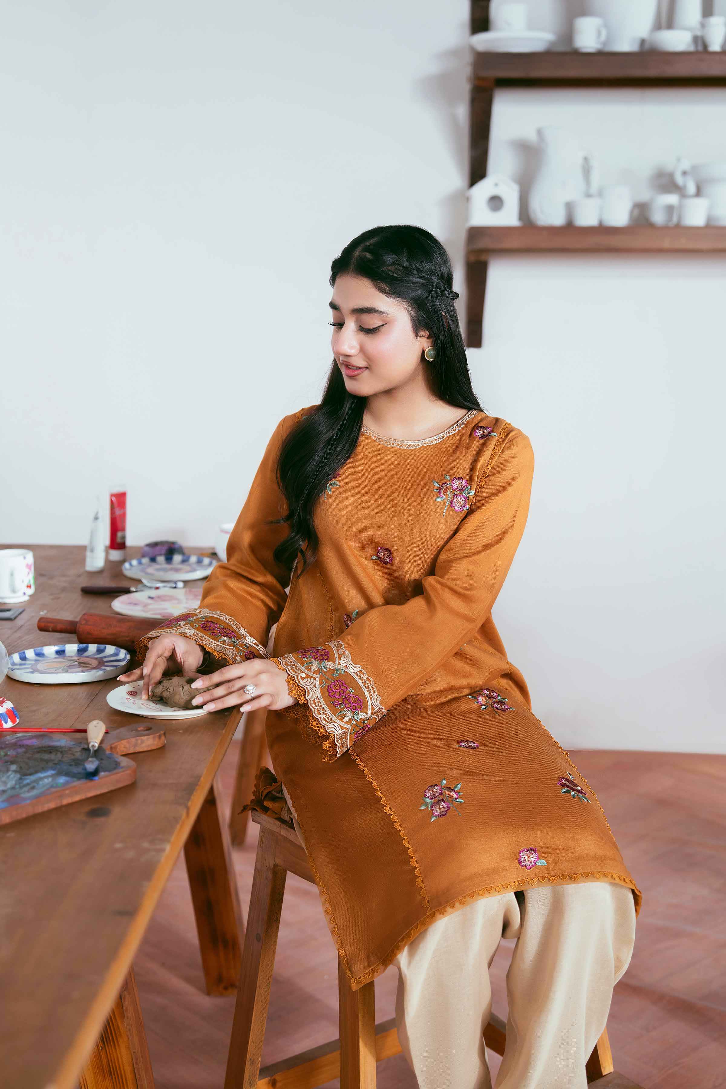 NISHATUAE - Ochre Embroidered Khaddar 2-piece Unstitched Dress