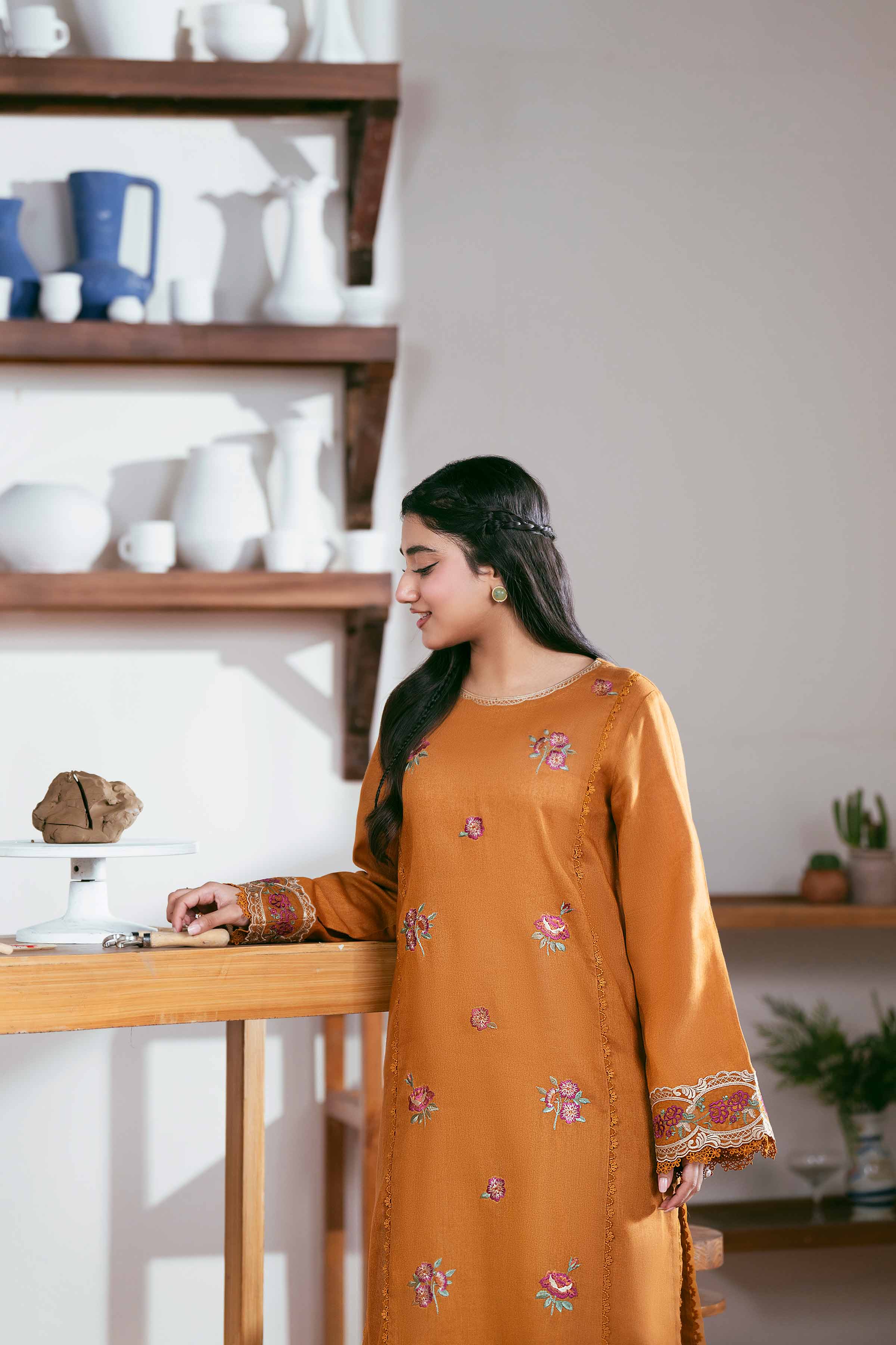 NISHATUAE - Ochre Embroidered Khaddar 2-piece Unstitched Dress