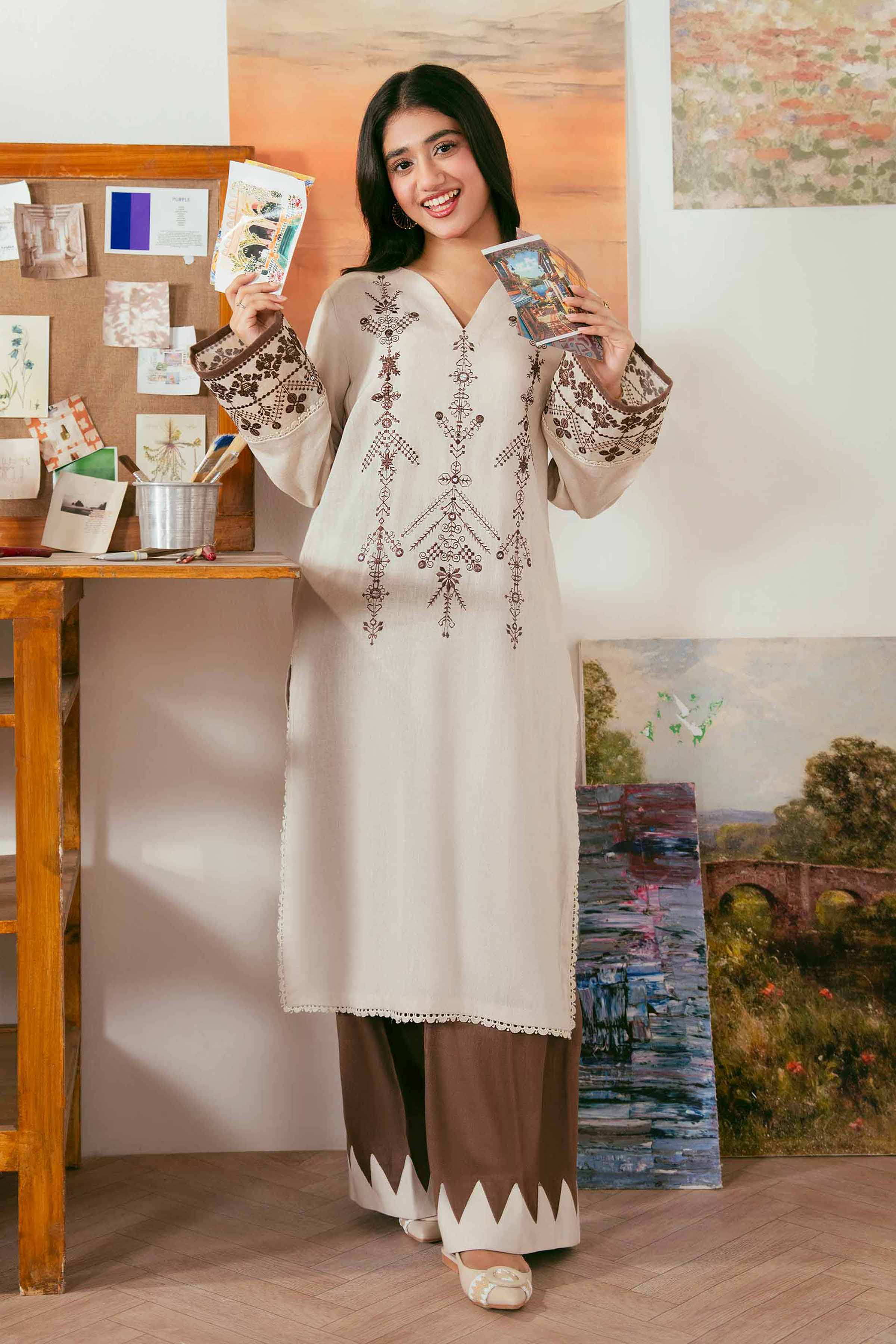 NISHATUAE - Off White Embroidered Khaddar 2-piece Unstitched Dress