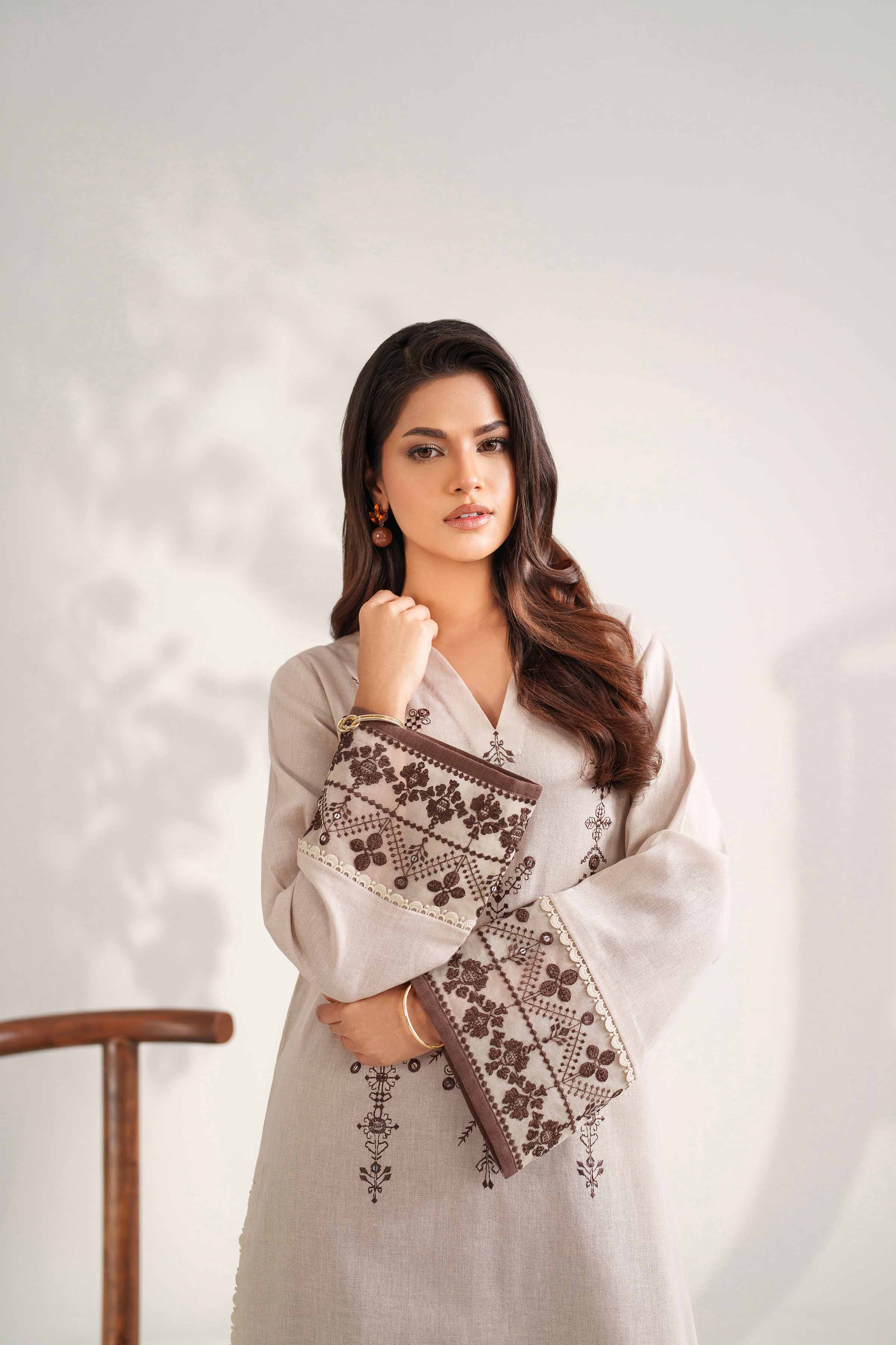 NISHATUAE - Off White Embroidered Khaddar 2-piece Unstitched Dress