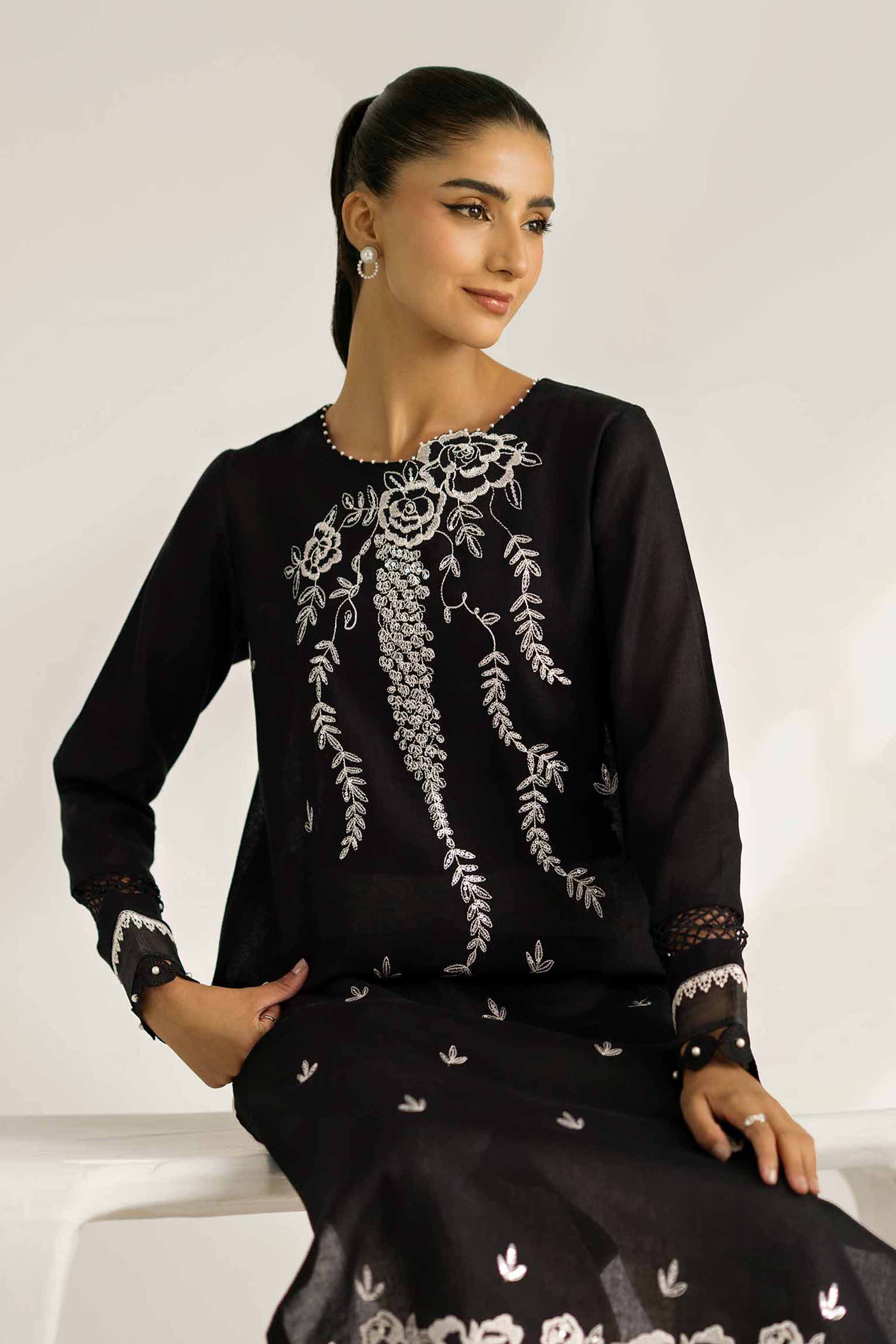 NISHATUAE - Black Embroidered Khaddar 2-piece Unstitched Dress
