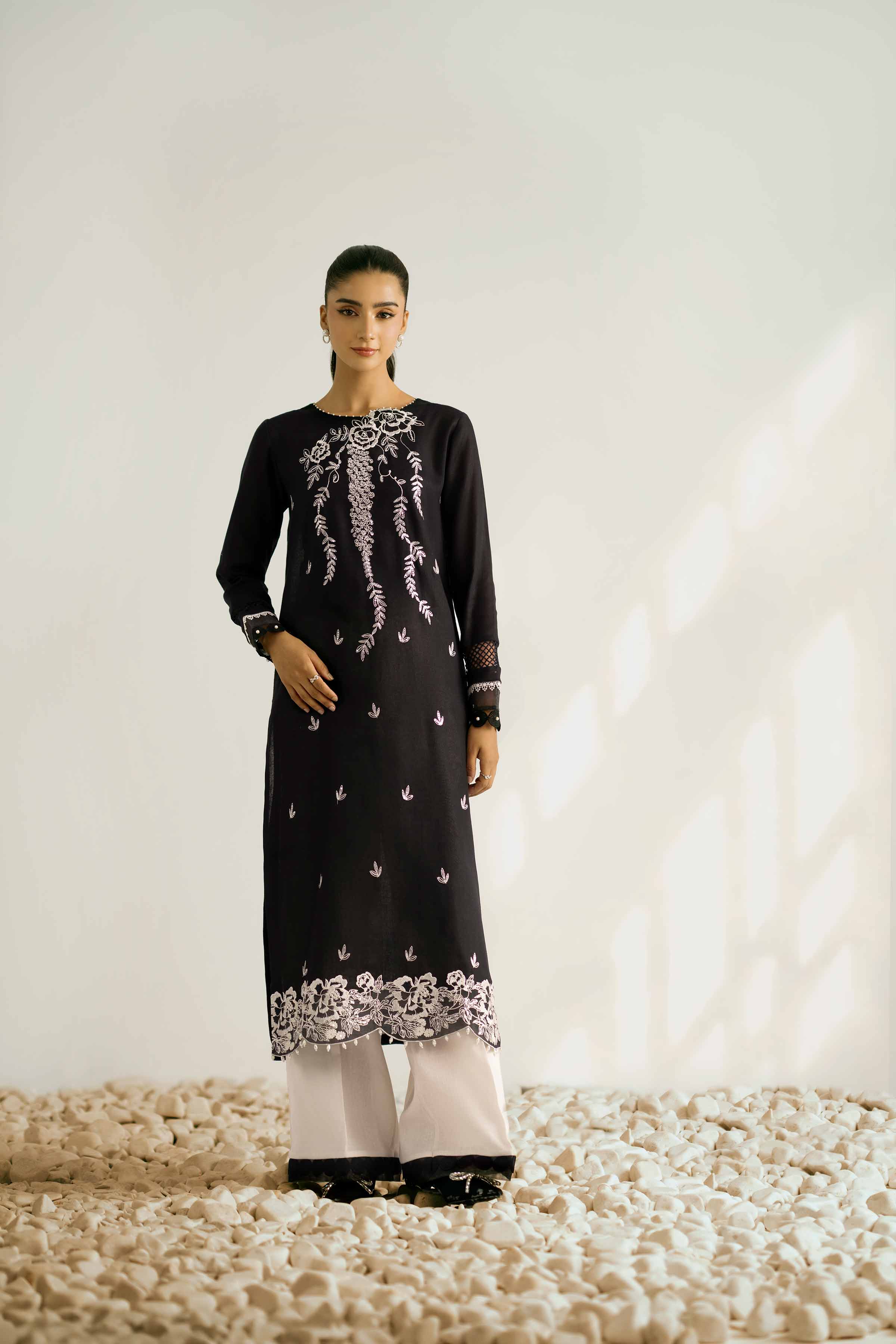 NISHATUAE - Black Embroidered Khaddar 2-piece Unstitched Dress
