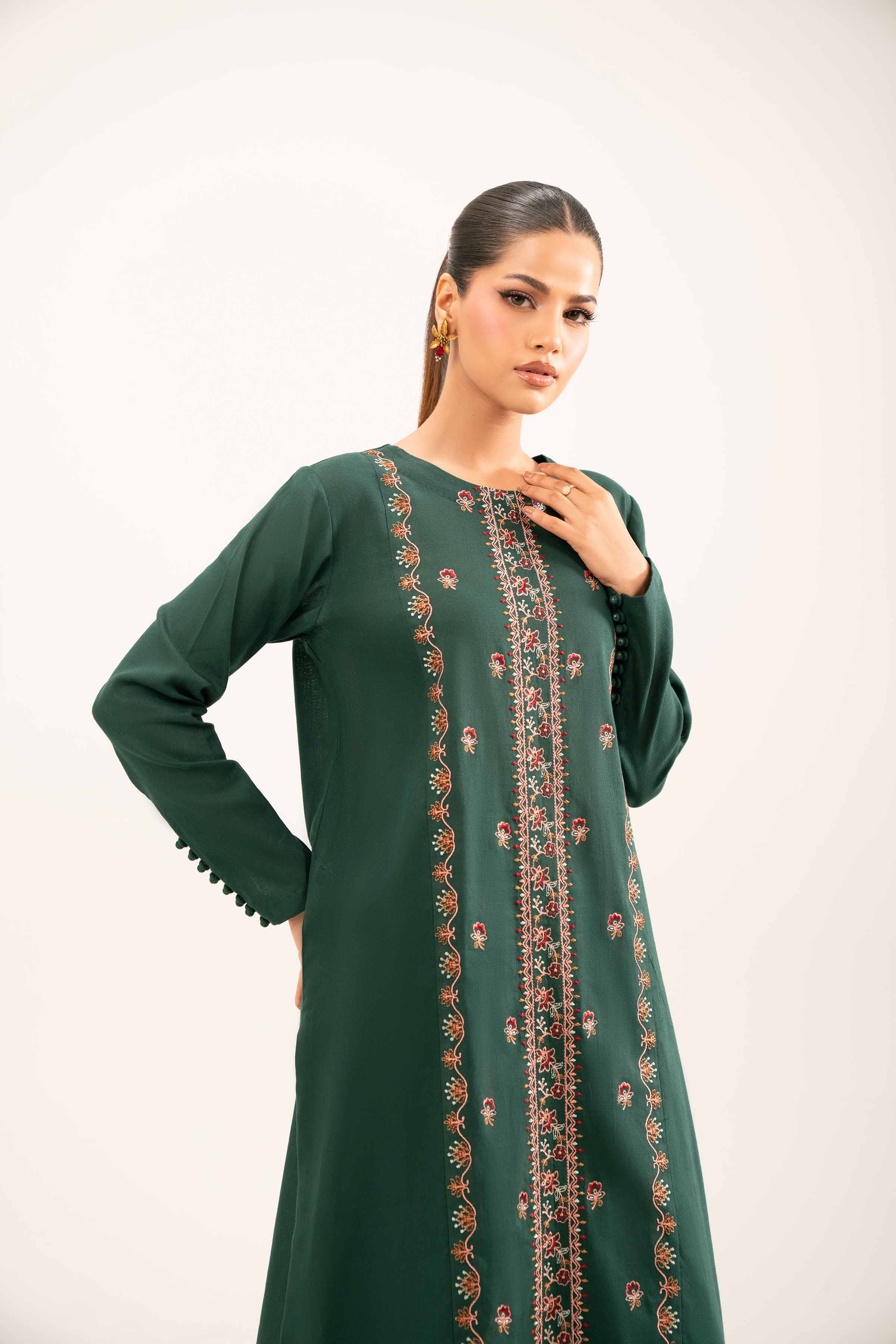 NISHATUAE - Green Embroidered Khaddar 2-piece Unstitched Dress