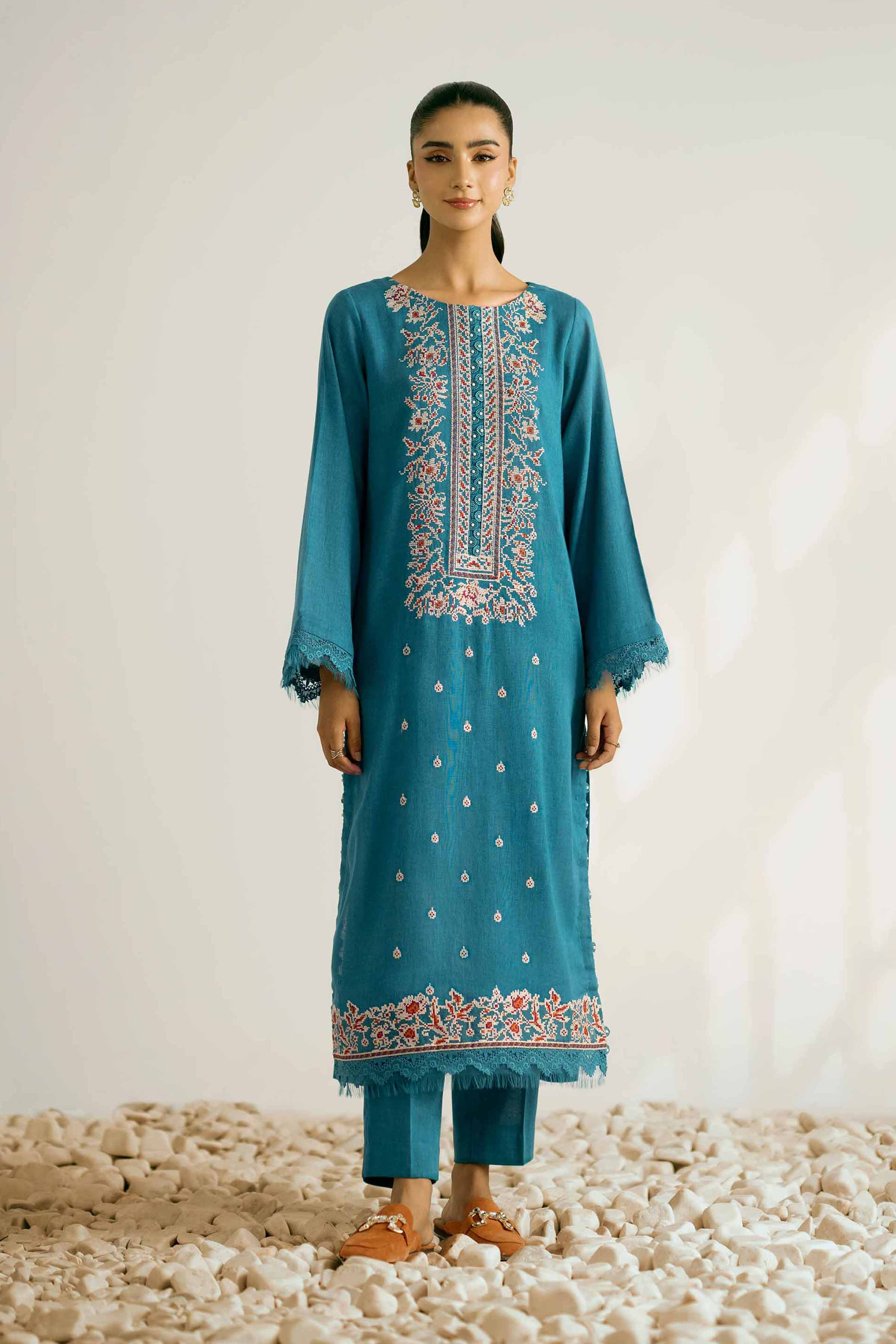 NISHATUAE - Teal Embroidered Khaddar 2-piece Unstitched Dress