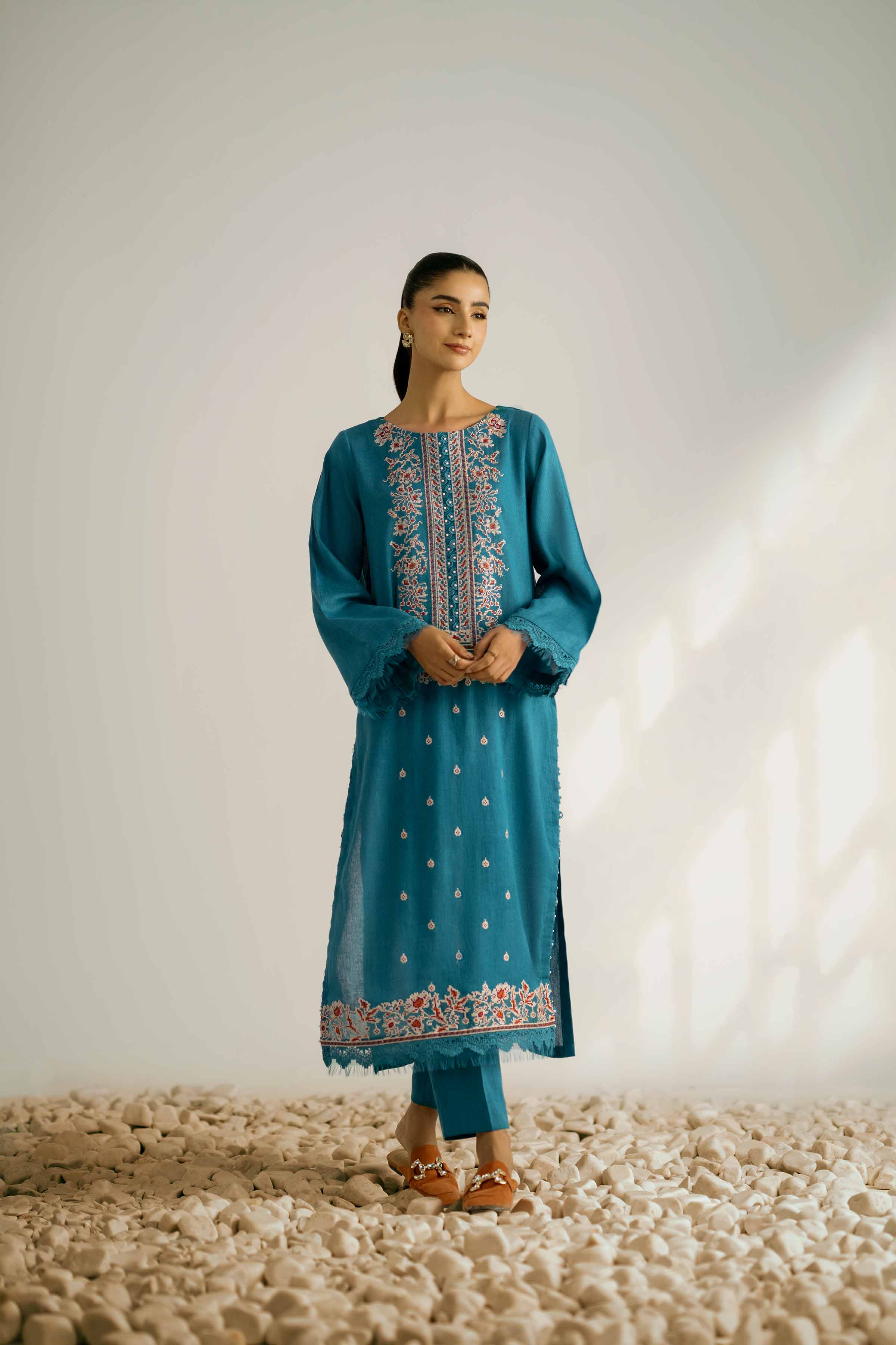NISHATUAE - Teal Embroidered Khaddar 2-piece Unstitched Dress