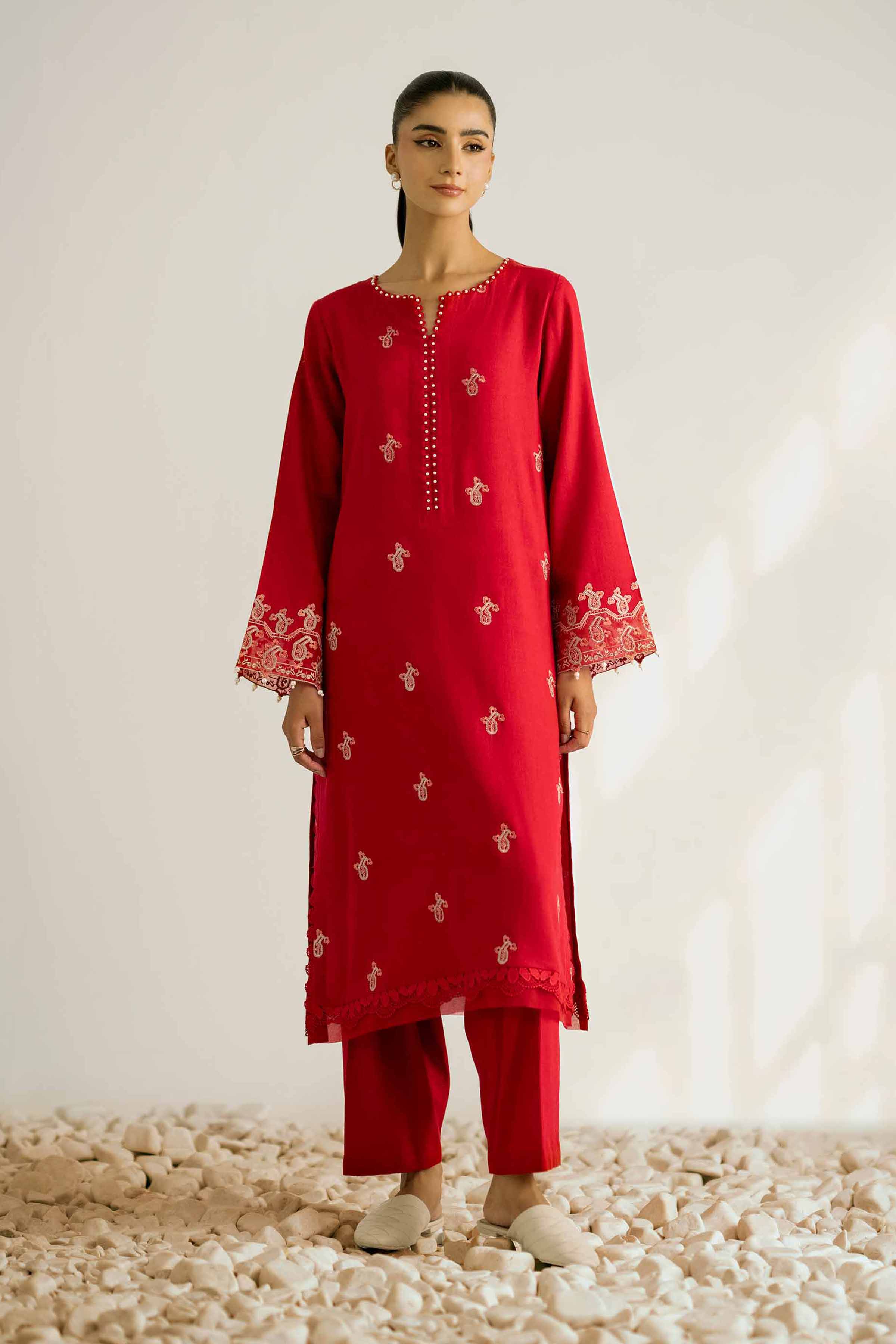 NISHATUAE - Red Embroidered Khaddar 2-piece Unstitched Dress