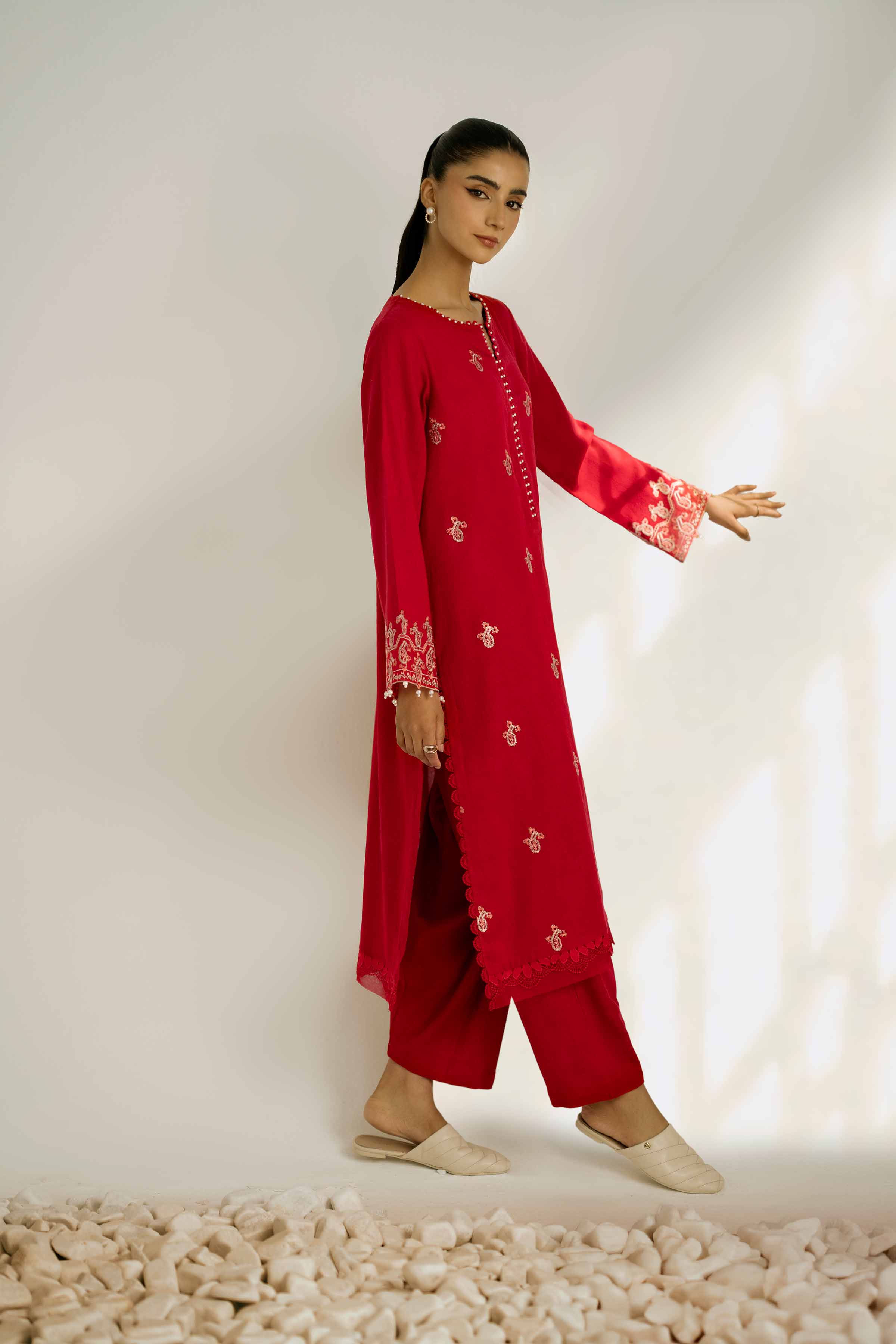 NISHATUAE - Red Embroidered Khaddar 2-piece Unstitched Dress