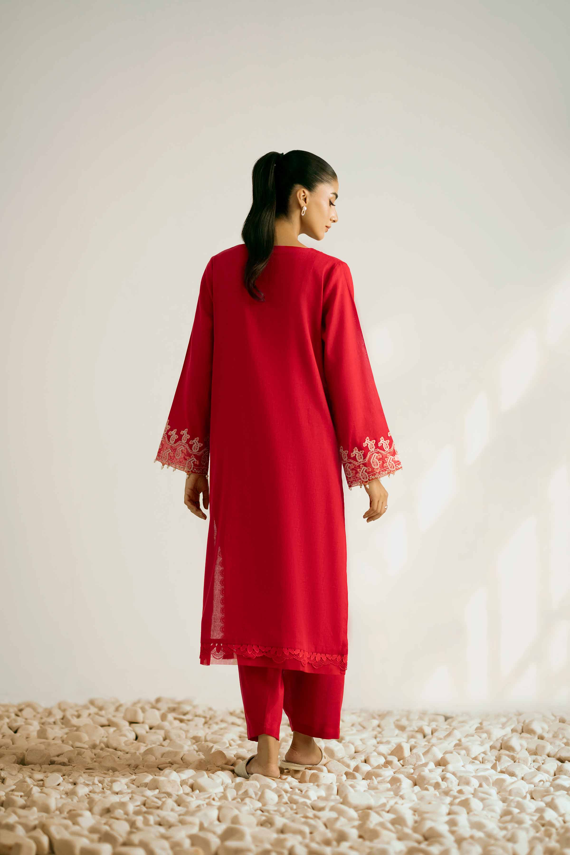 NISHATUAE - Red Embroidered Khaddar 2-piece Unstitched Dress